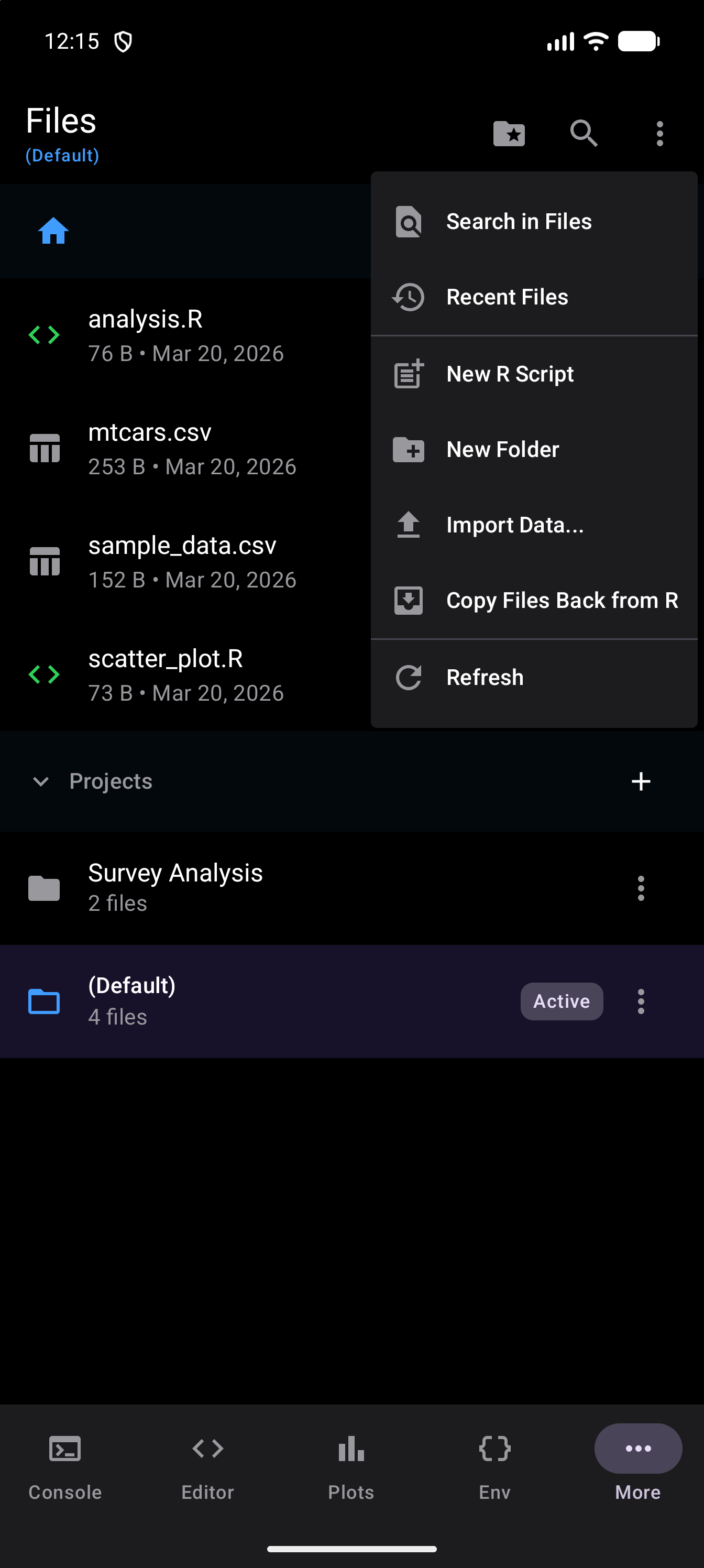 The Files screen with the toolbar’s three-dot menu open, listing Search in Files and Recent Files, then New R Script, New Folder, Import Data… and Copy Files Back from R, then Refresh, in dark mode