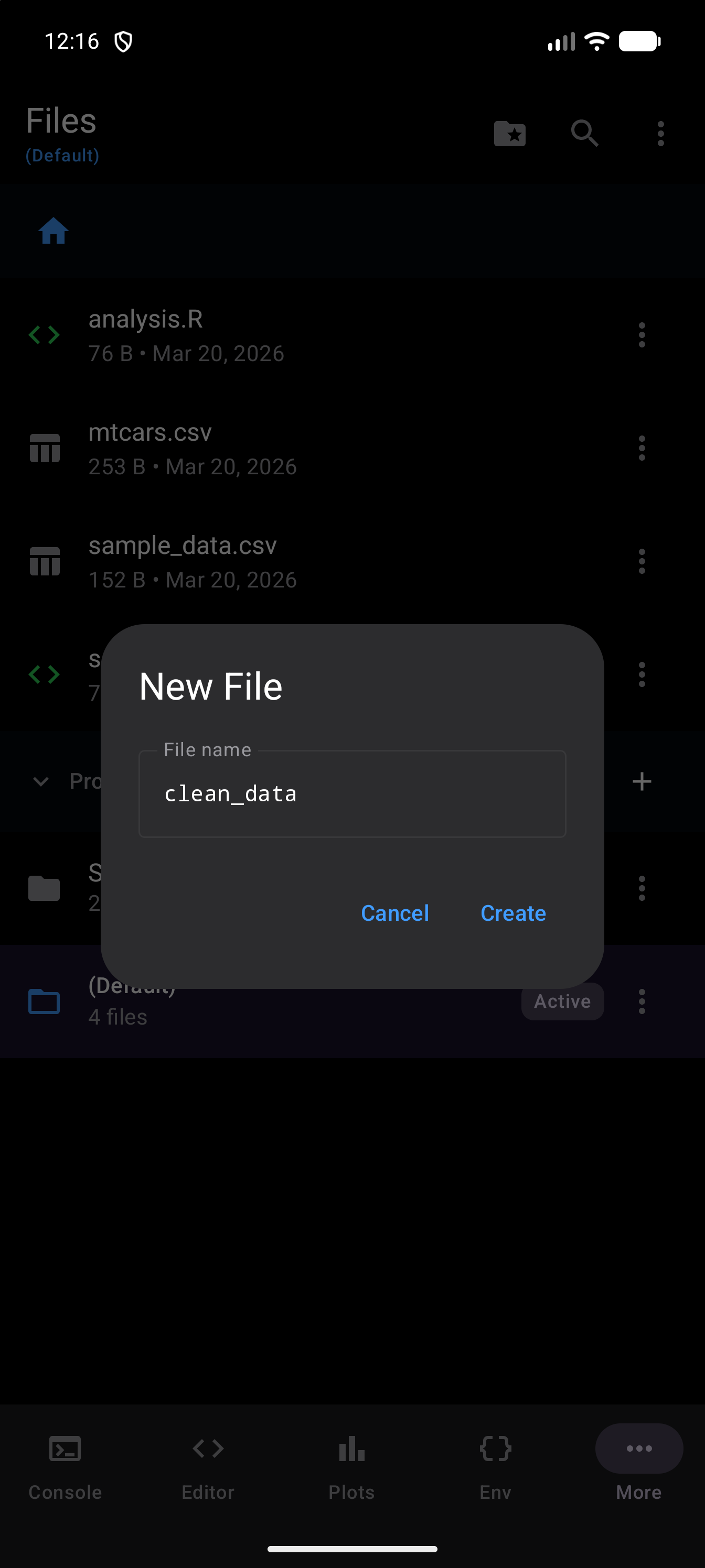 The New File dialog that New R Script opens, with clean_data typed in the File name field and Cancel and Create buttons, in dark mode