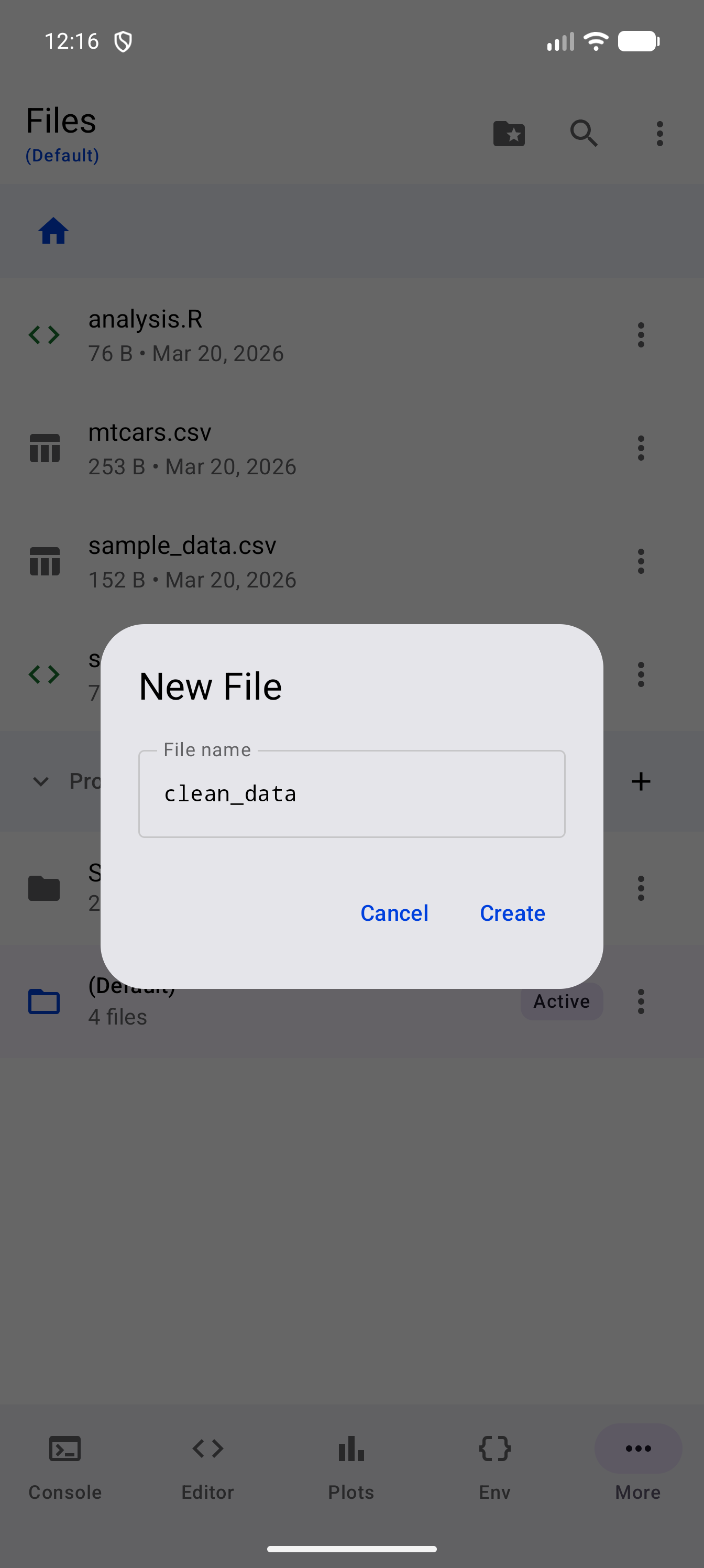 The New File dialog that New R Script opens, with clean_data typed in the File name field and Cancel and Create buttons