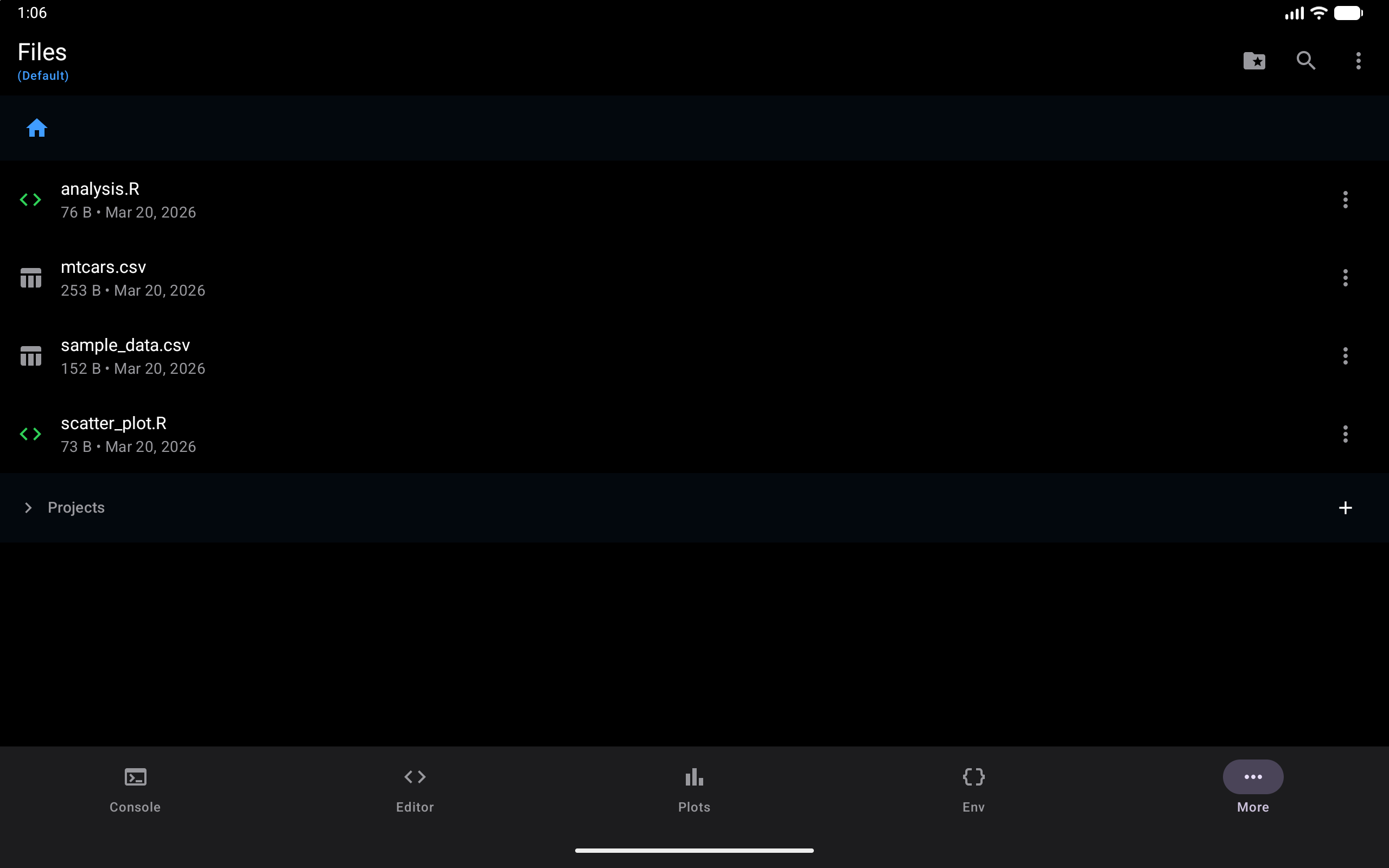 Files tab showing project directory contents, on a tablet, in dark mode