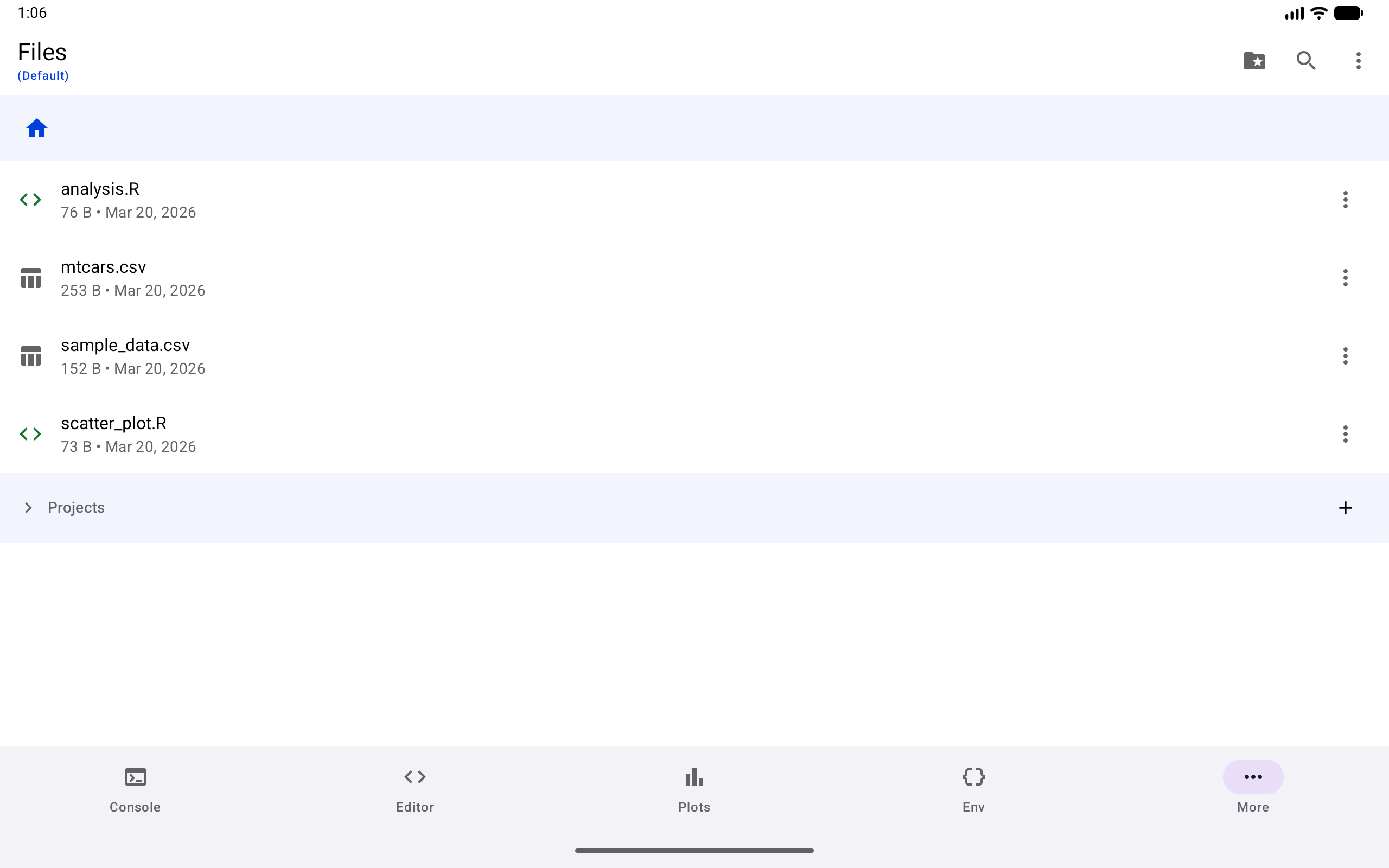 Files tab showing project directory contents, on a tablet