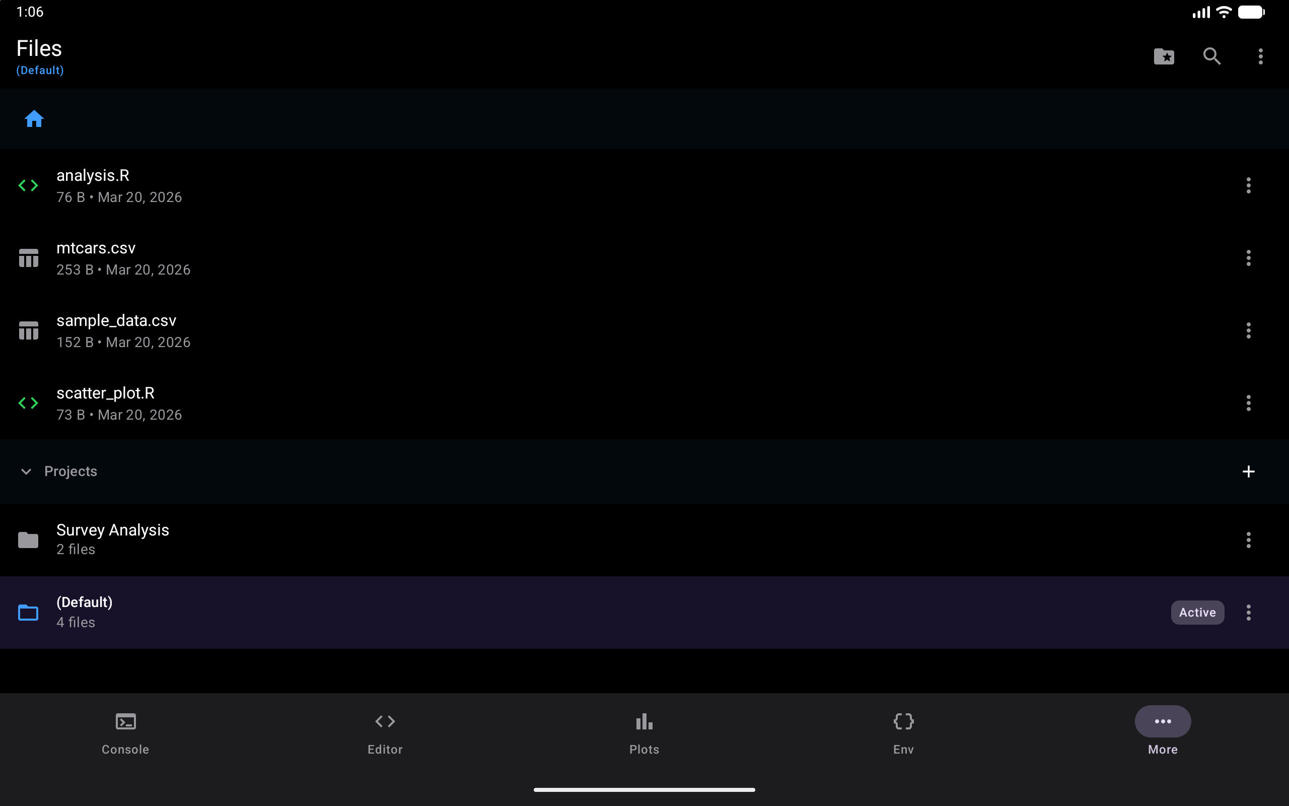 Projects list showing active and available projects, on a tablet, in dark mode