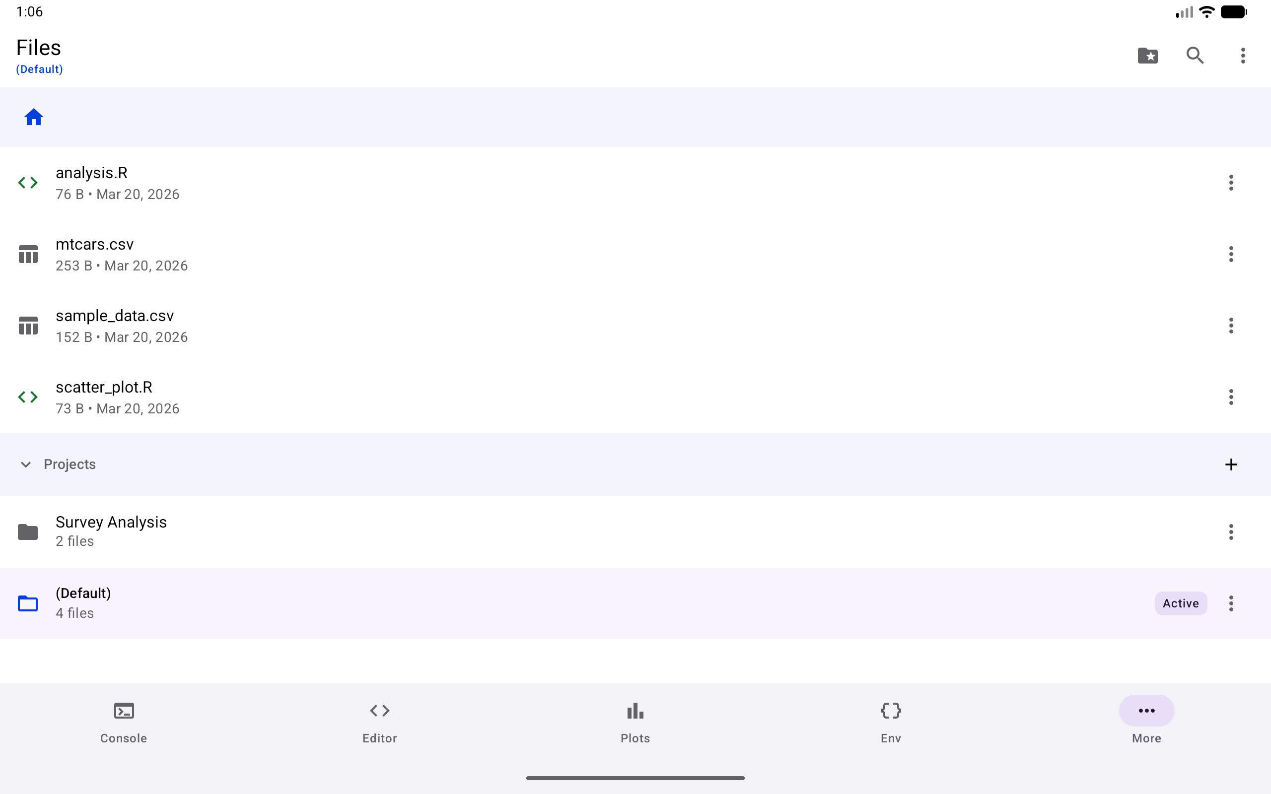 Projects list showing active and available projects, on a tablet