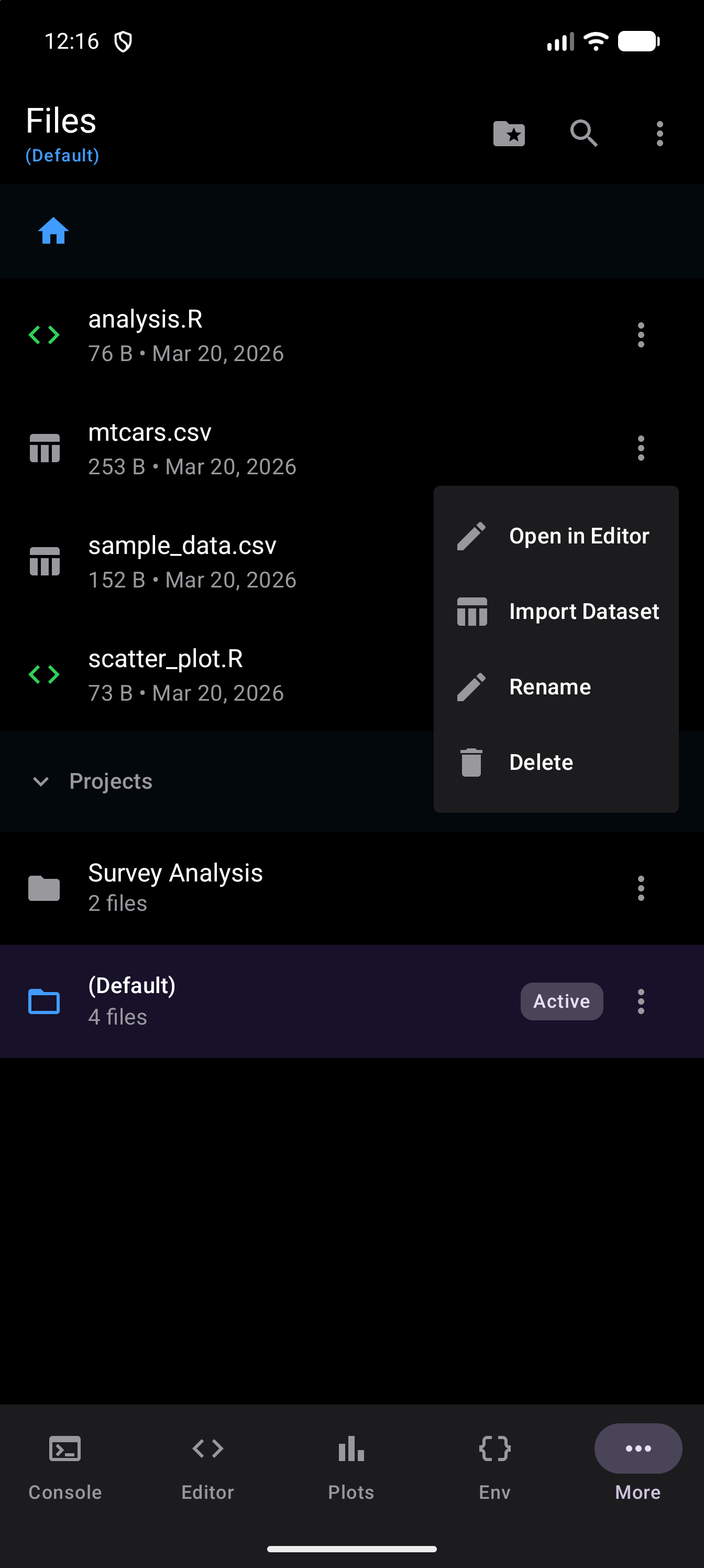 The three-dot menu of mtcars.csv open in the Files list, with Open in Editor, Import Dataset, Rename and Delete, in dark mode