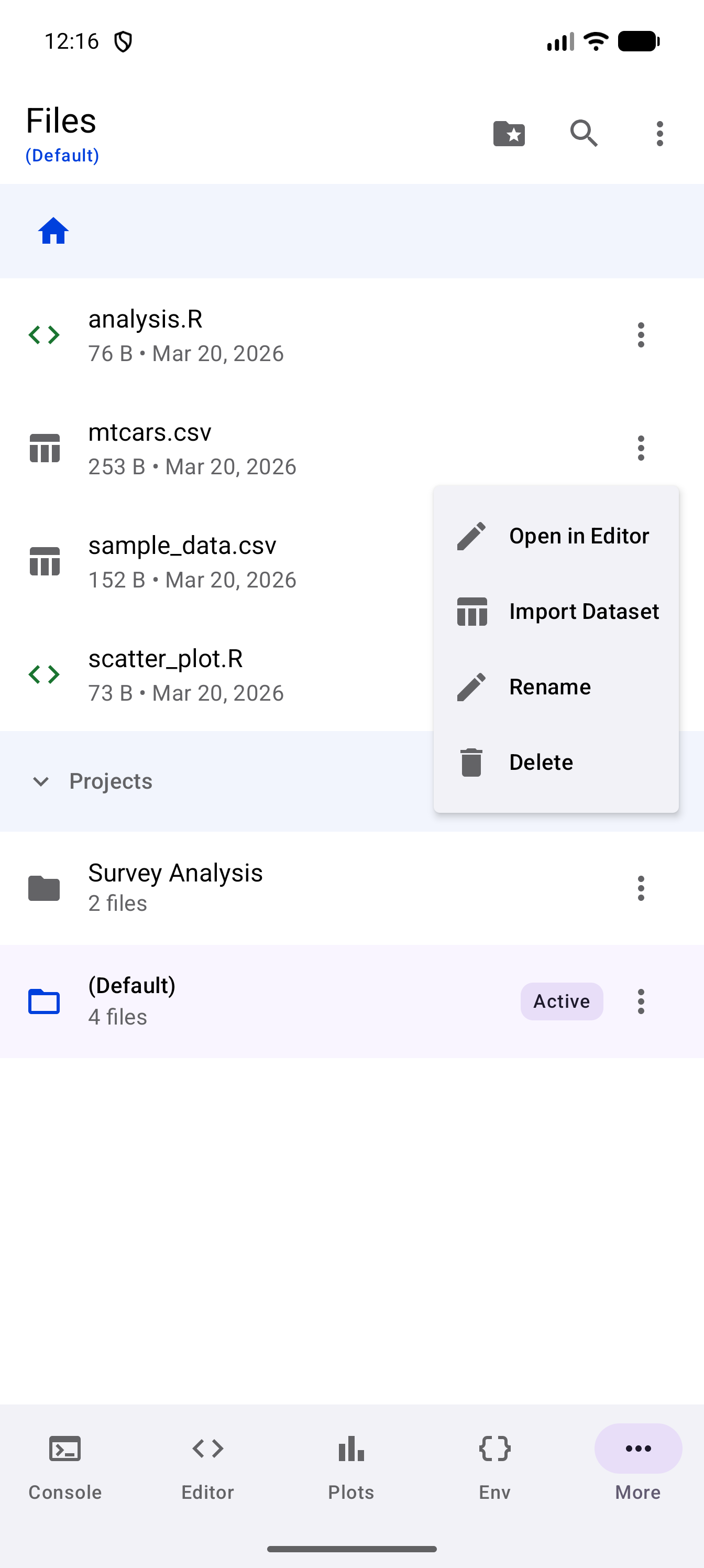 The three-dot menu of mtcars.csv open in the Files list, with Open in Editor, Import Dataset, Rename and Delete
