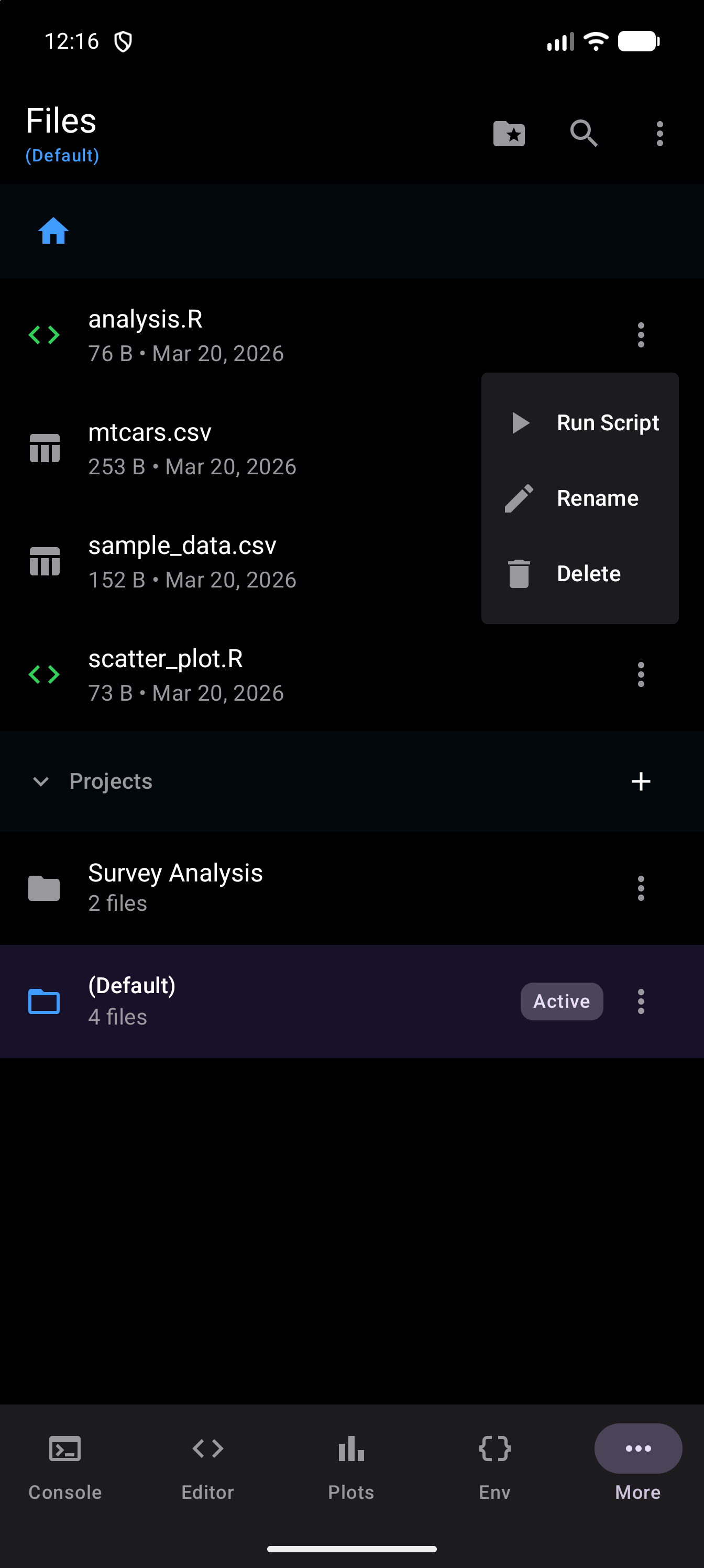 The three-dot menu of analysis.R open in the Files list, with Run Script, Rename and Delete, in dark mode