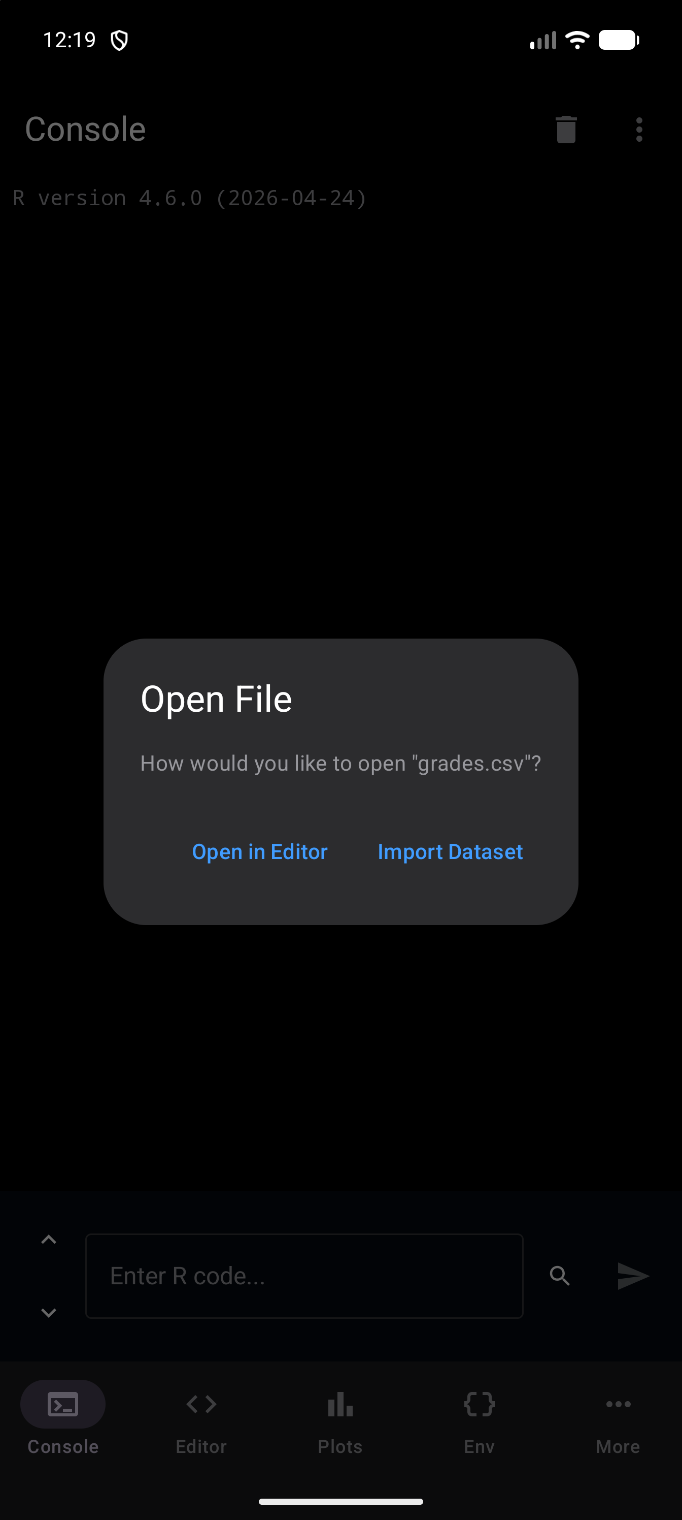 The Open File dialog over the Console after grades.csv was shared to webRoid, asking how you would like to open grades.csv, with Open in Editor and Import Dataset buttons, in dark mode