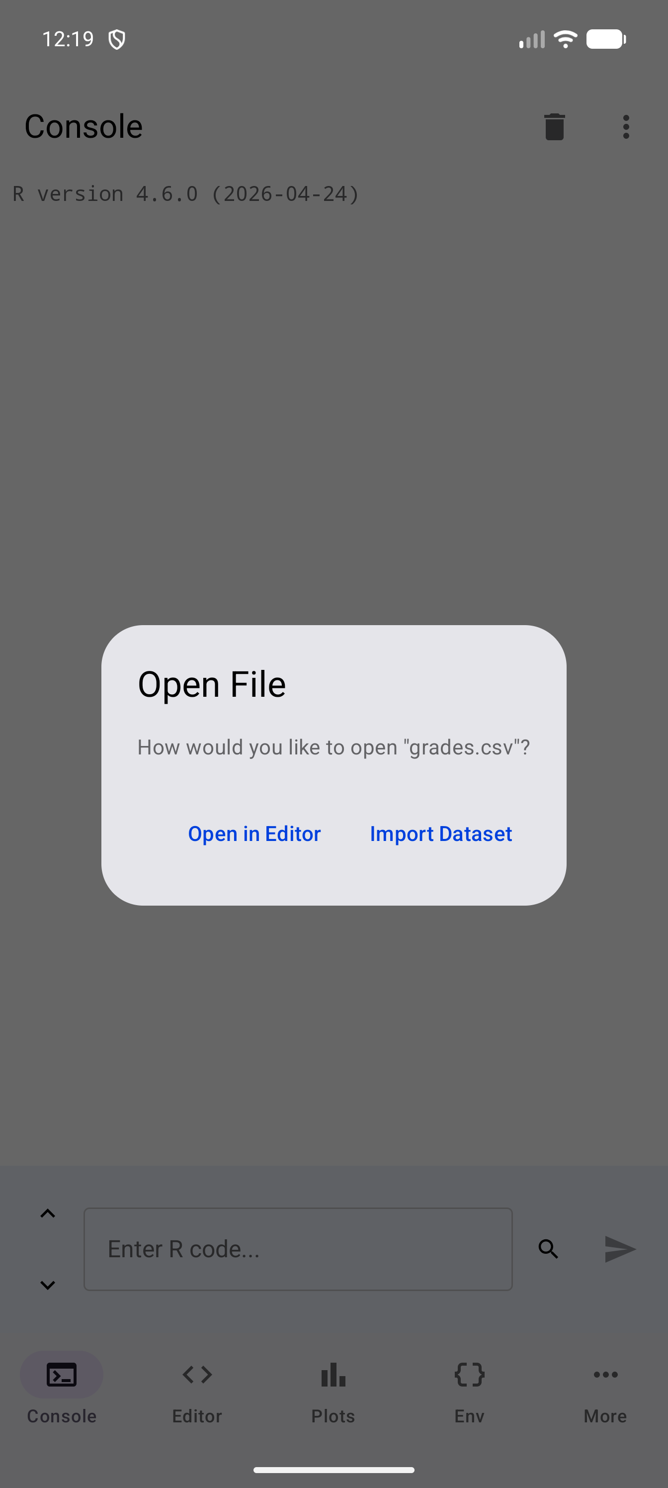 The Open File dialog over the Console after grades.csv was shared to webRoid, asking how you would like to open grades.csv, with Open in Editor and Import Dataset buttons