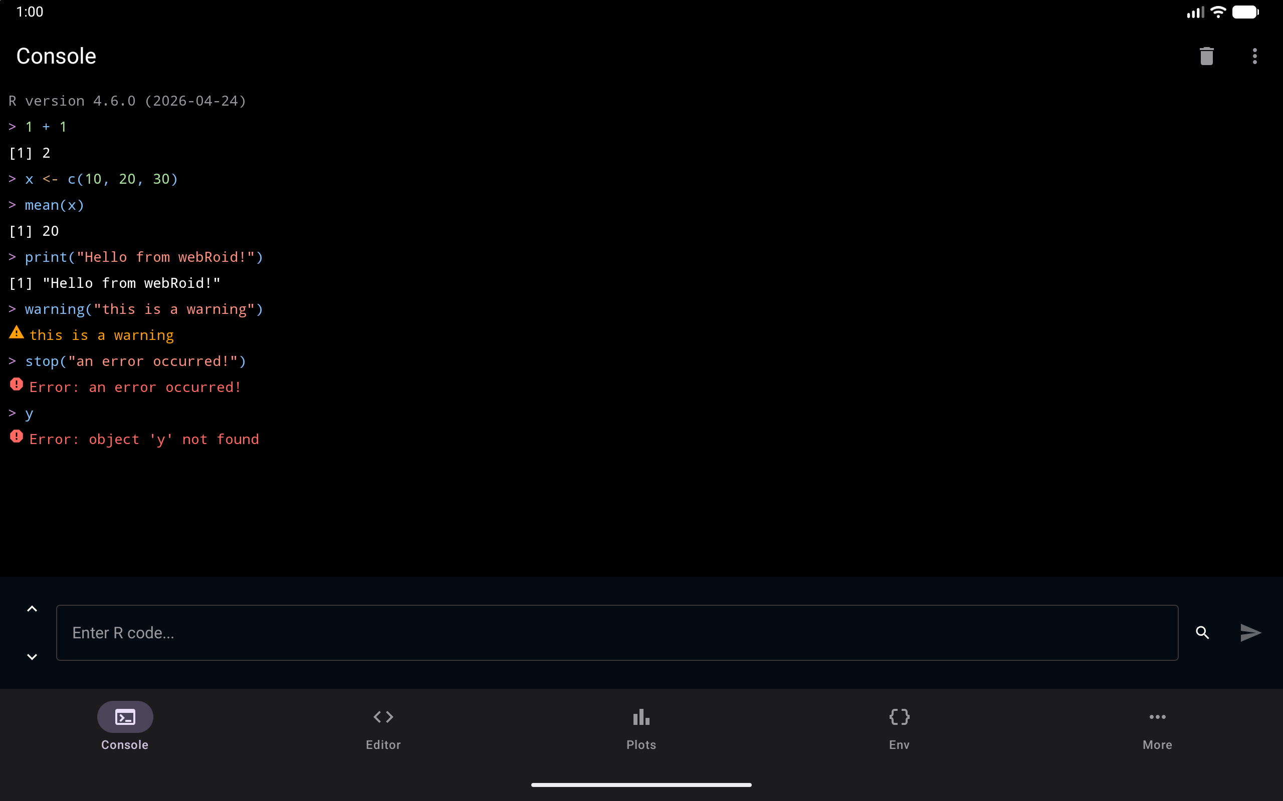 Console with colour-coded R output, on a tablet, in dark mode