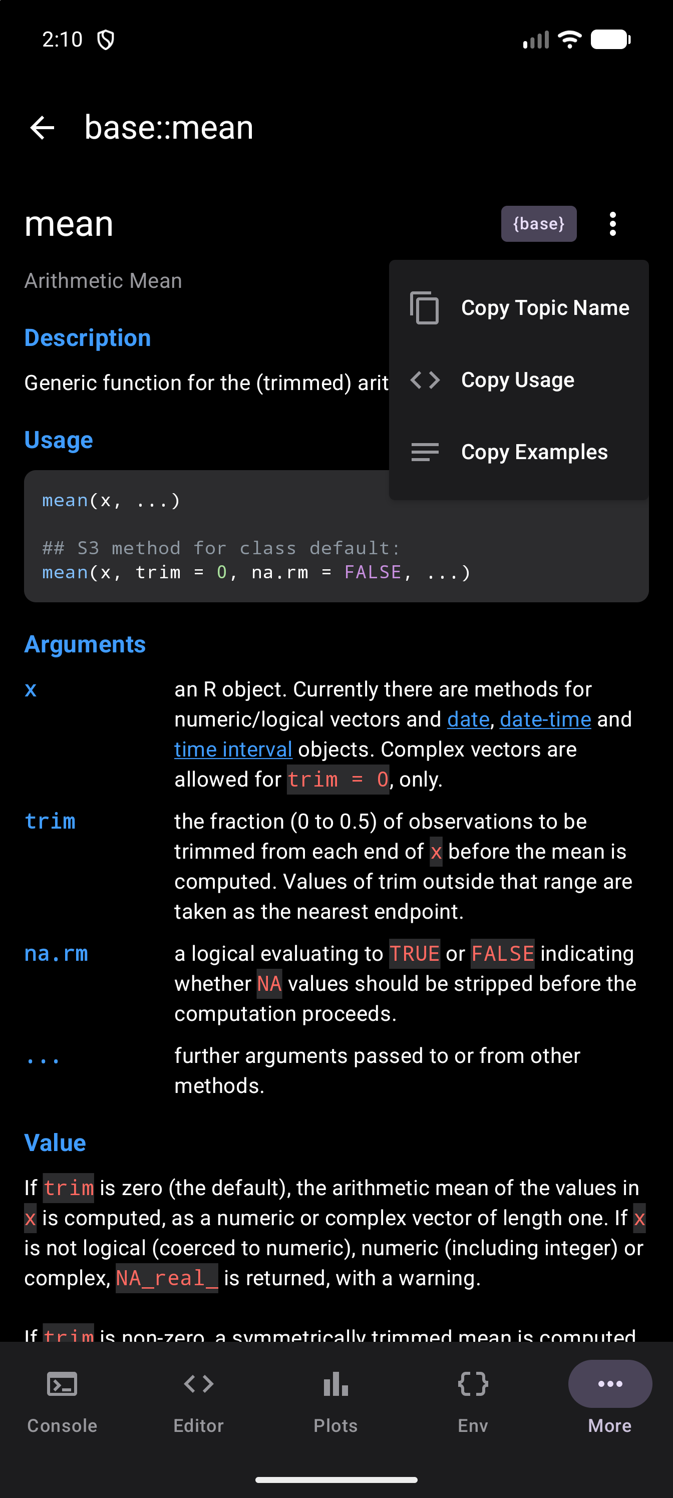 Help page for base::mean with the Help actions menu open below the three dots beside the base package badge, listing Copy Topic Name, Copy Usage and Copy Examples, in dark mode