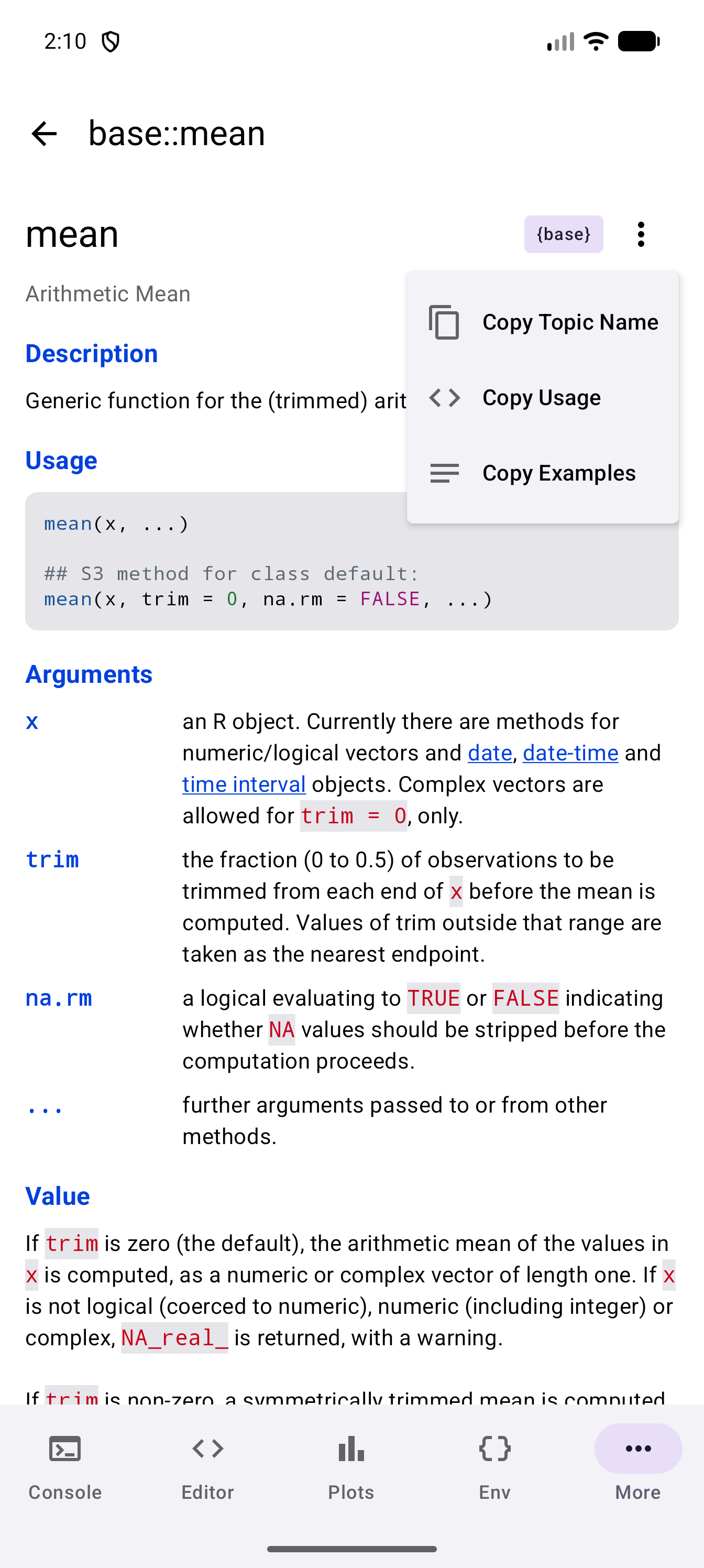 Help page for base::mean with the Help actions menu open below the three dots beside the base package badge, listing Copy Topic Name, Copy Usage and Copy Examples