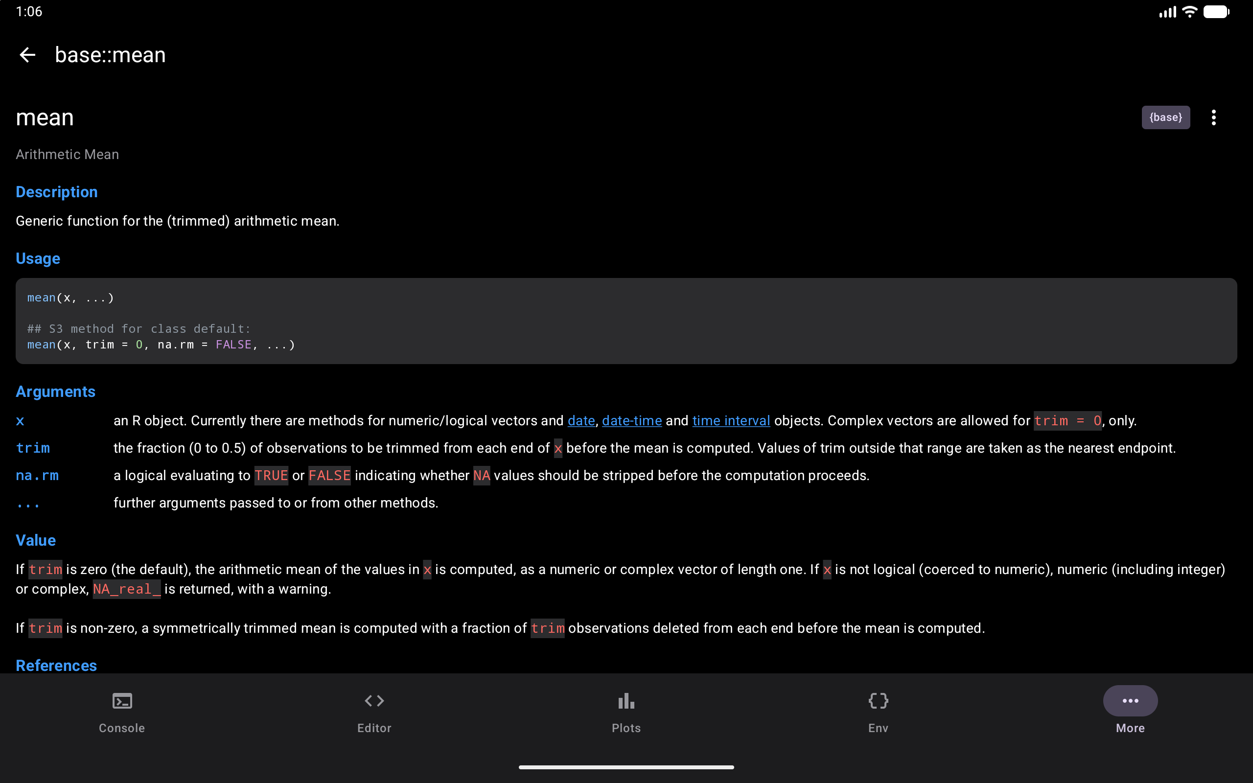 Help detail view for mean function, on a tablet, in dark mode