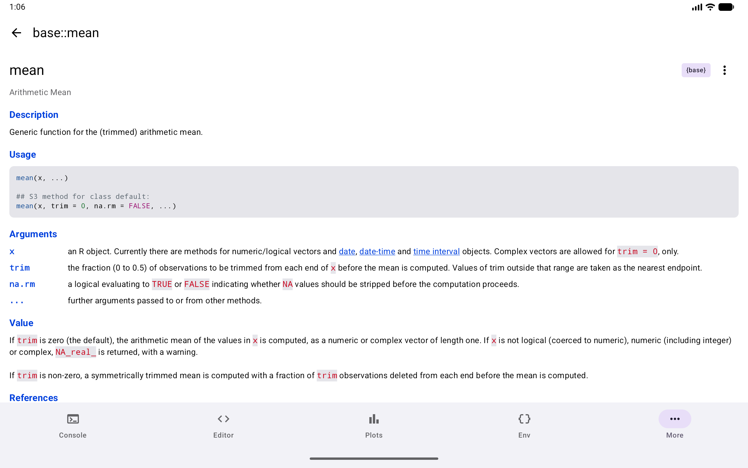 Help detail view for mean function, on a tablet