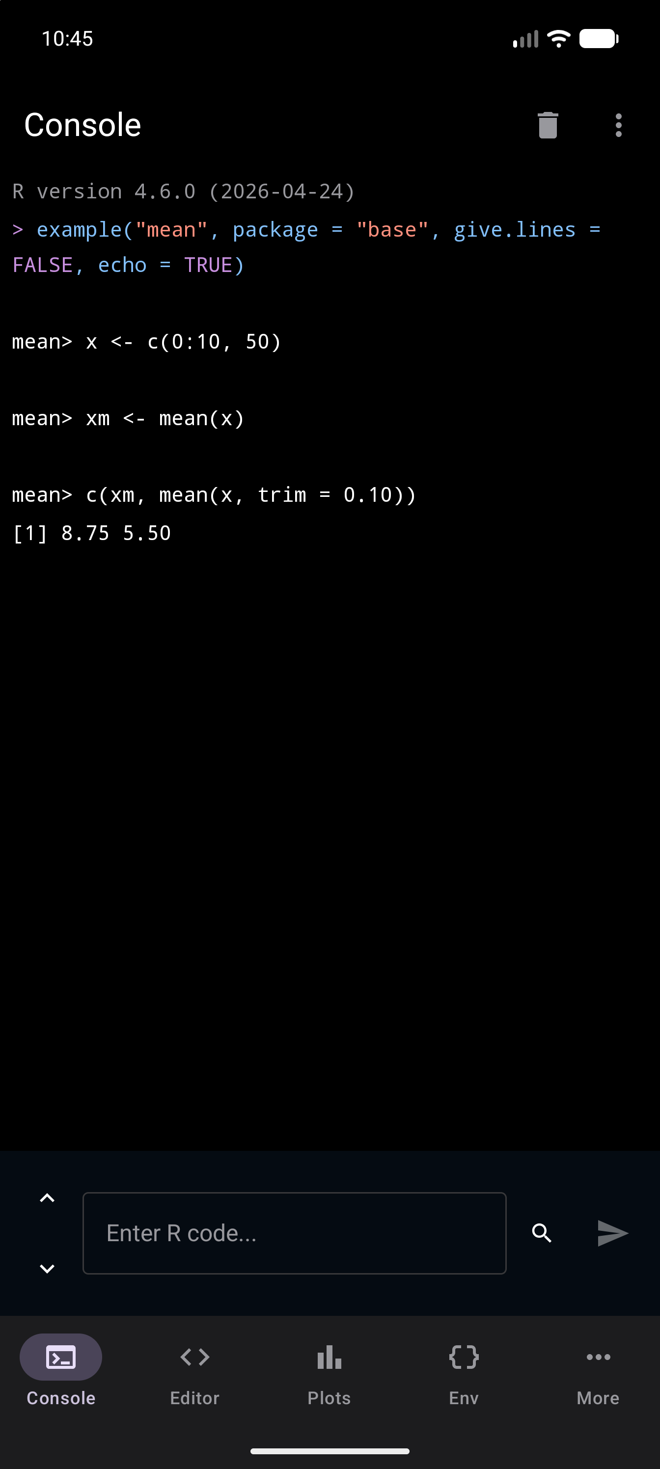 Console showing the output of example(“mean”) after Run Examples, in dark mode