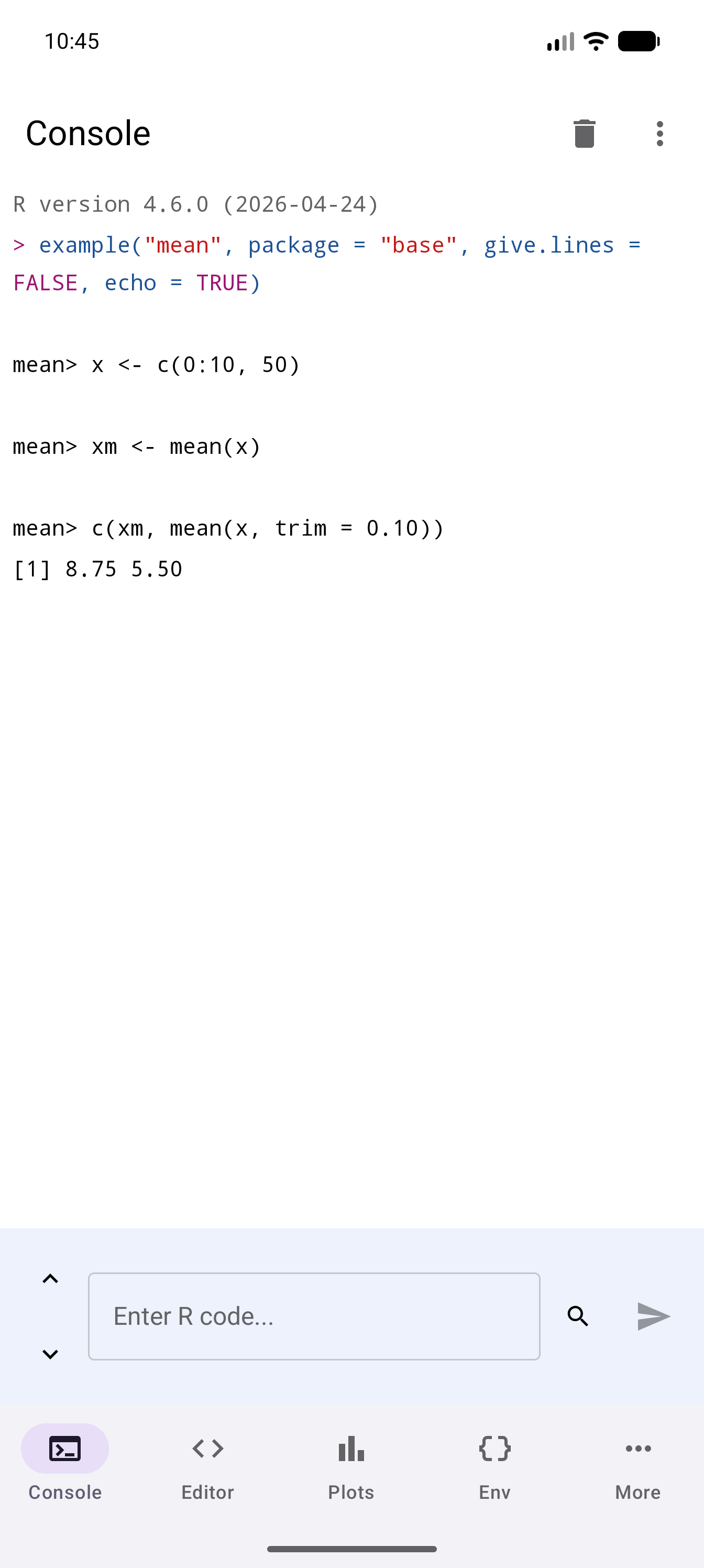 Console showing the output of example(“mean”) after Run Examples