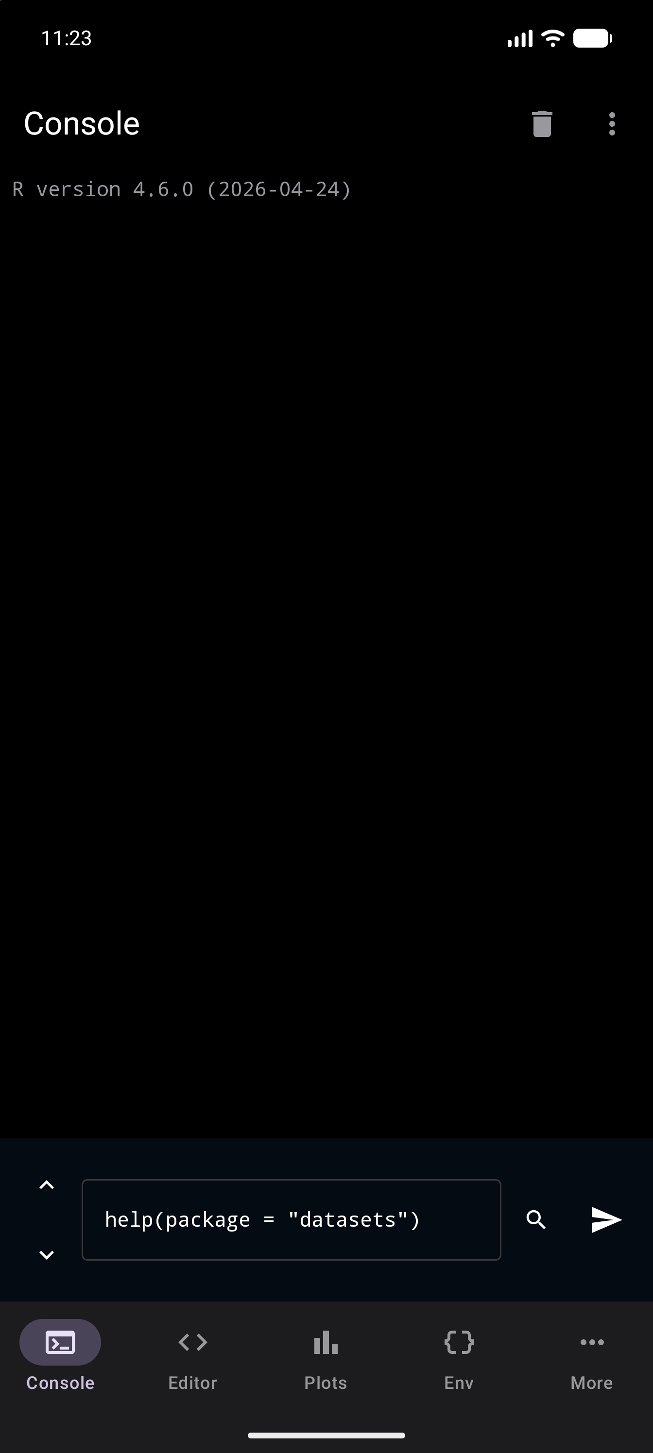 Console with help(package = “datasets”) typed in the input field at the bottom, ready to run, in dark mode