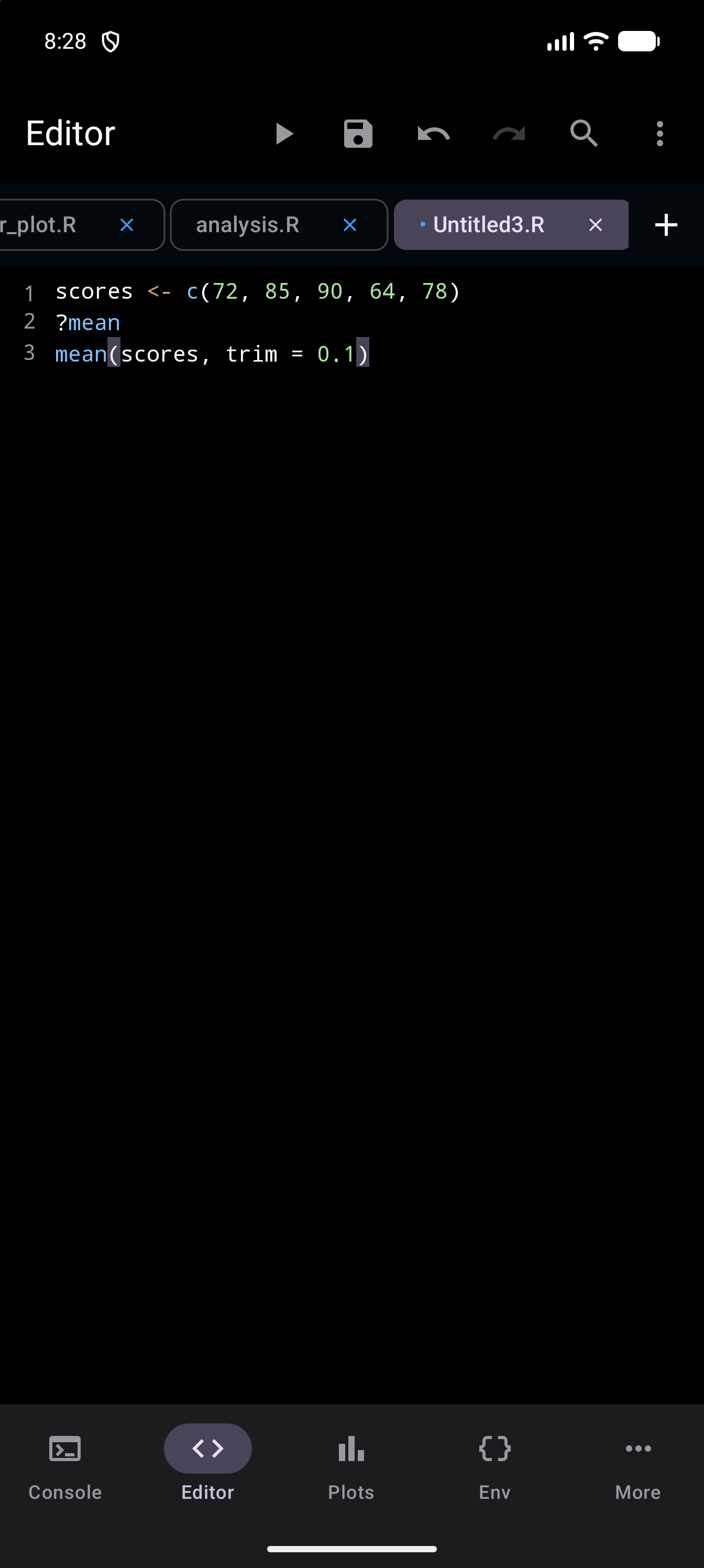 Editor with an untitled script of three lines: scores set to c(72, 85, 90, 64, 78), then ?mean, then mean(scores, trim = 0.1), in dark mode