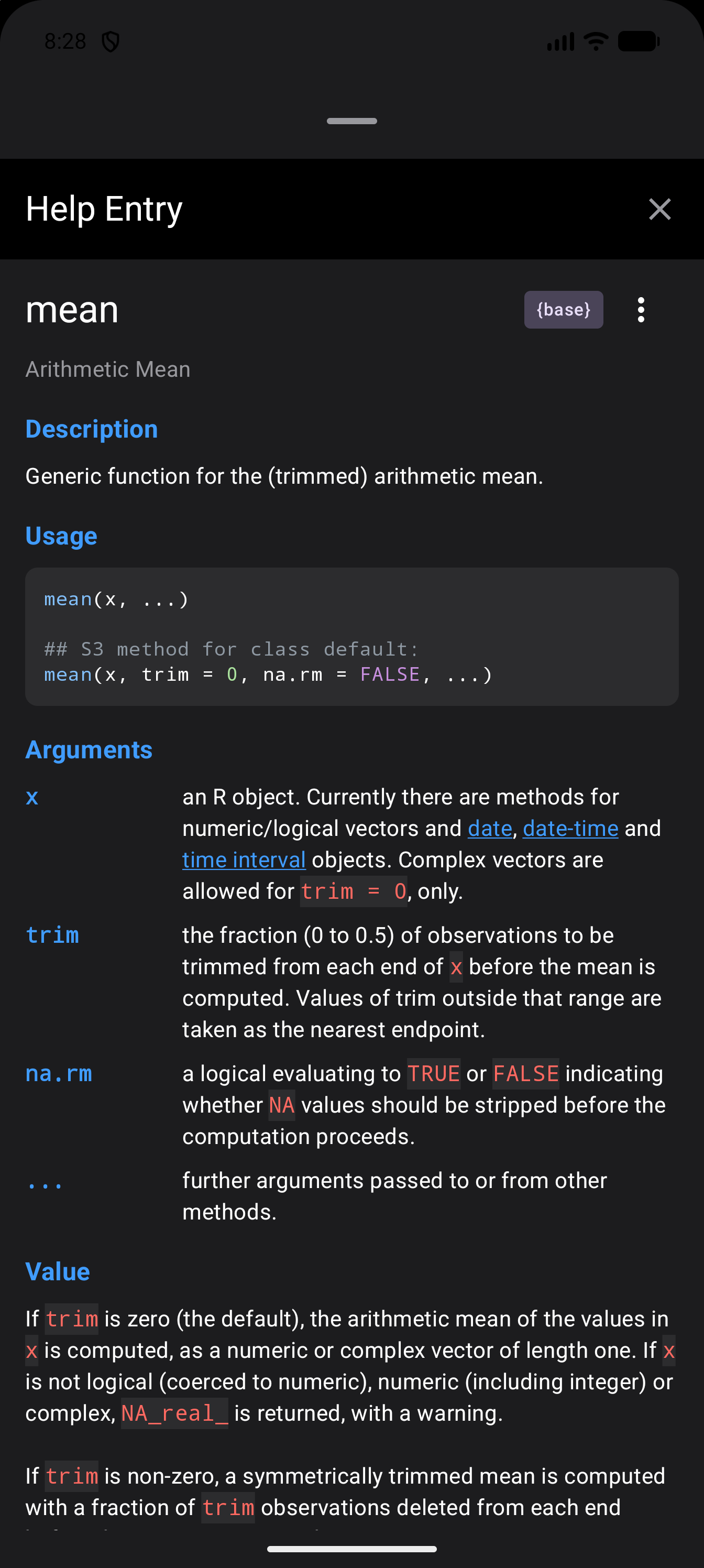 Help Entry sheet for mean opened from the Editor, filling the screen, with an X at the top right and the page’s Description, Usage and Arguments, in dark mode