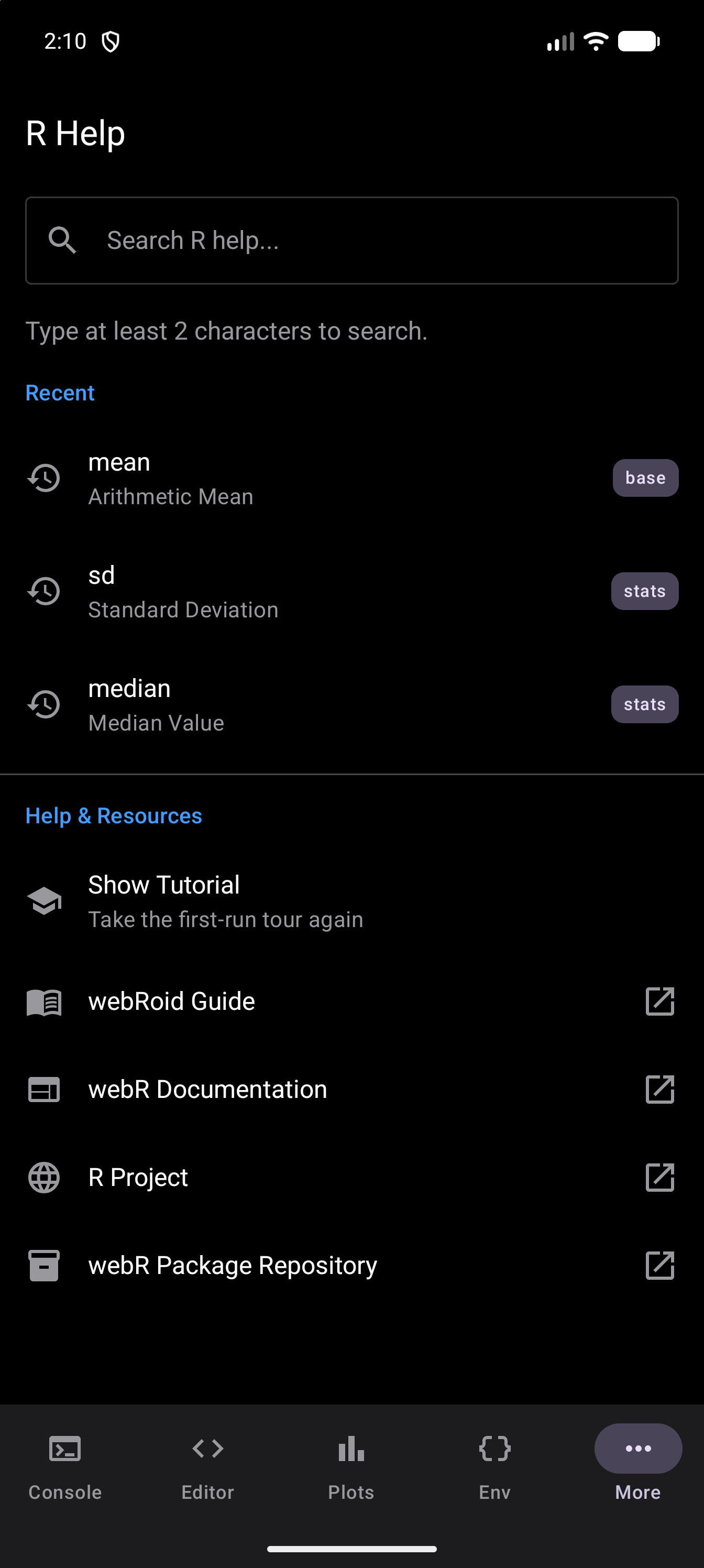 Help tab before a search, with mean, sd and median listed under Recent, newest first, each with its title and package, above the Help & Resources list, in dark mode