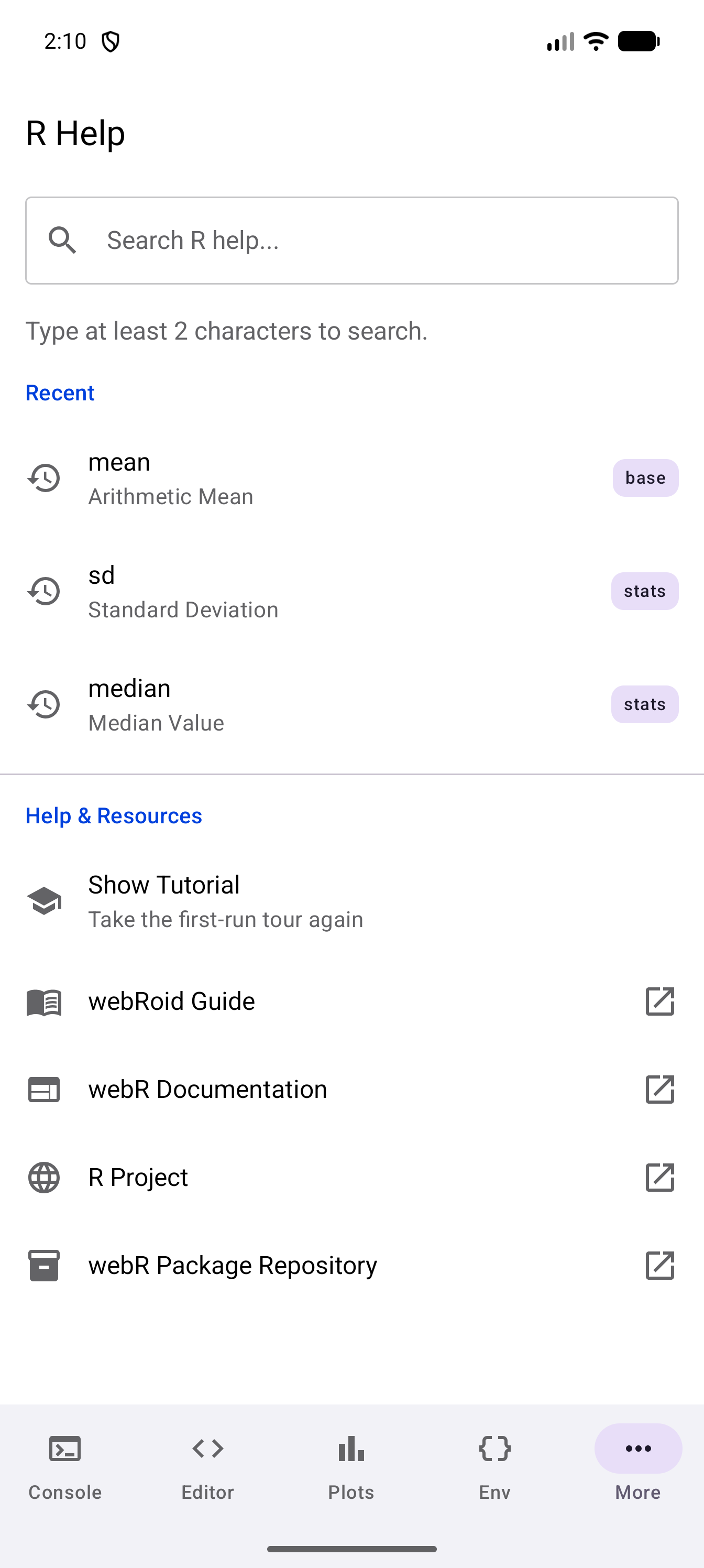 Help tab before a search, with mean, sd and median listed under Recent, newest first, each with its title and package, above the Help & Resources list