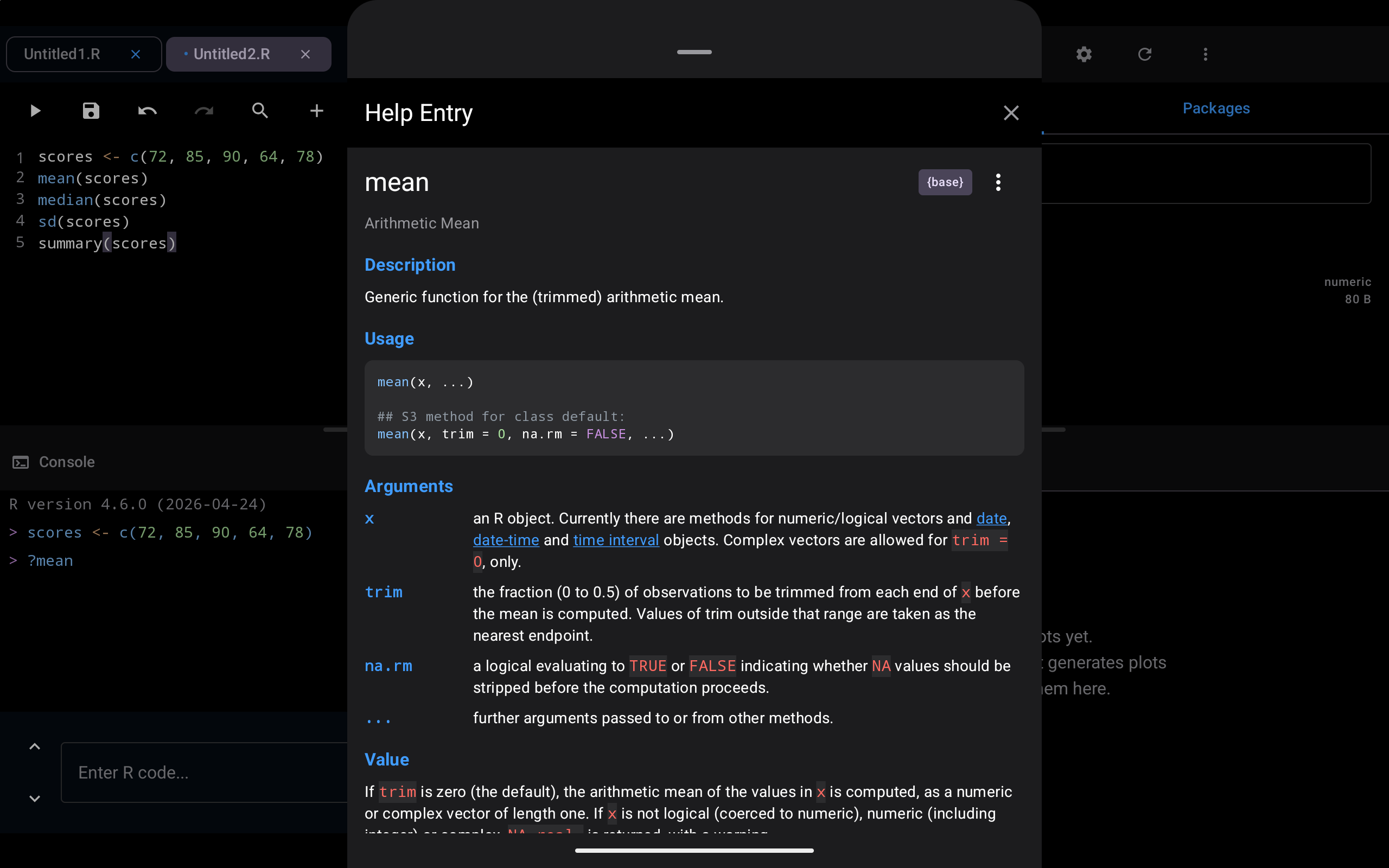 The Help Entry sheet for mean, centered over the Workspace on a tablet, after running ?mean in the Console pane, in dark mode