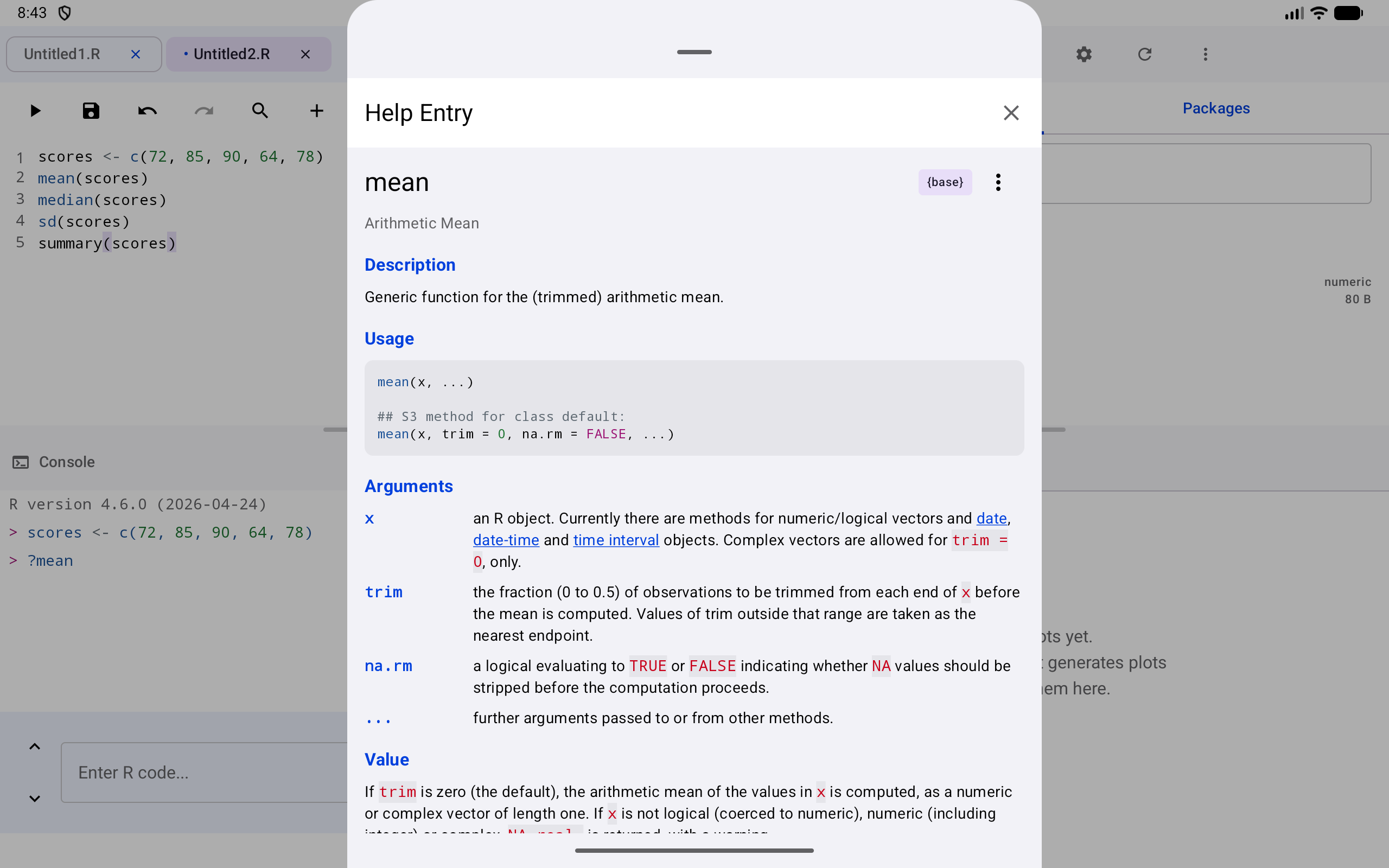 The Help Entry sheet for mean, centered over the Workspace on a tablet, after running ?mean in the Console pane