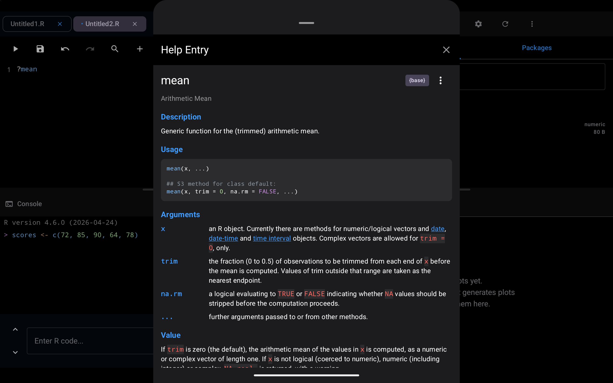 The Help Entry sheet for mean over the Workspace on a tablet, opened by running the line ?mean in the Editor pane, in dark mode