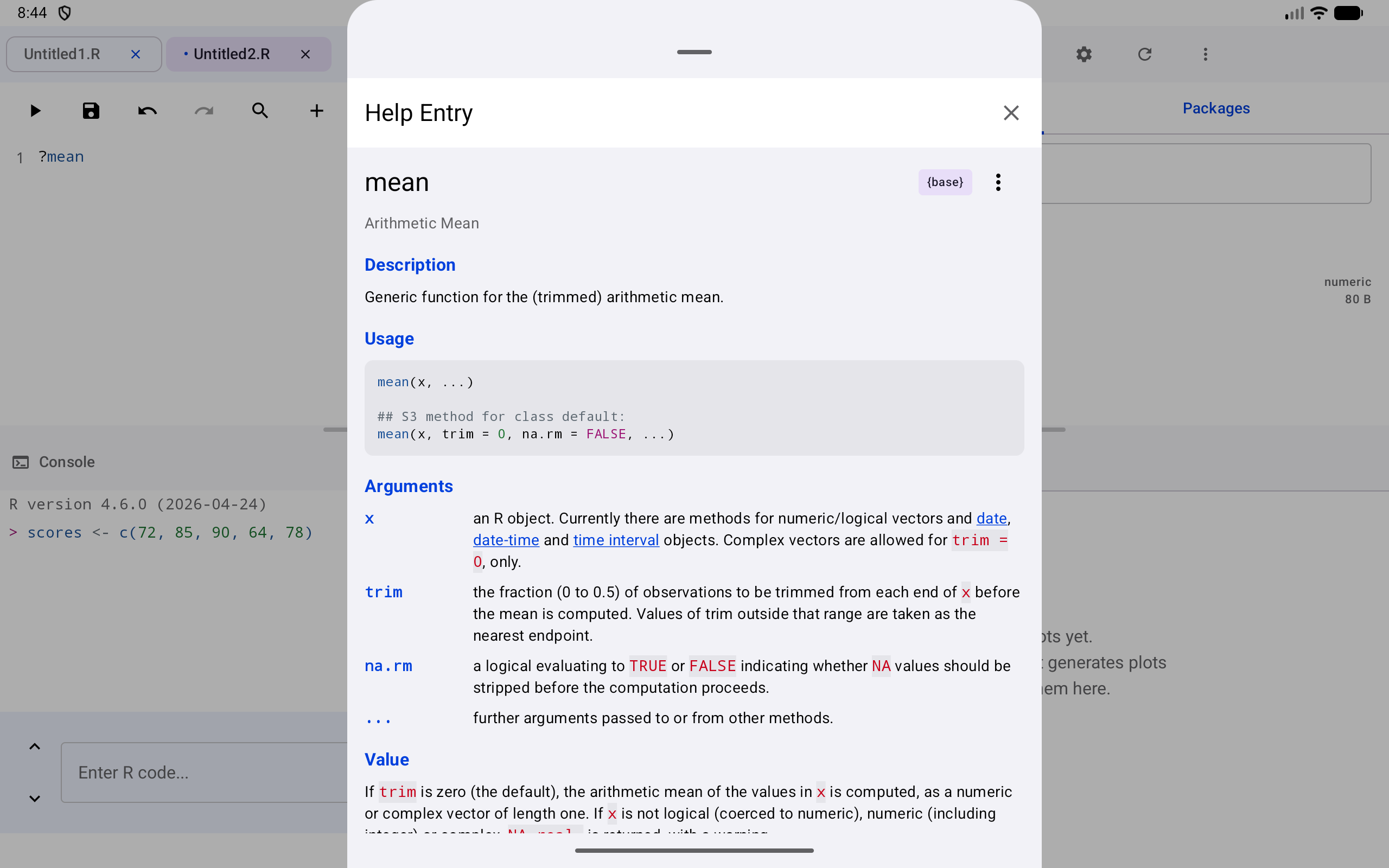 The Help Entry sheet for mean over the Workspace on a tablet, opened by running the line ?mean in the Editor pane