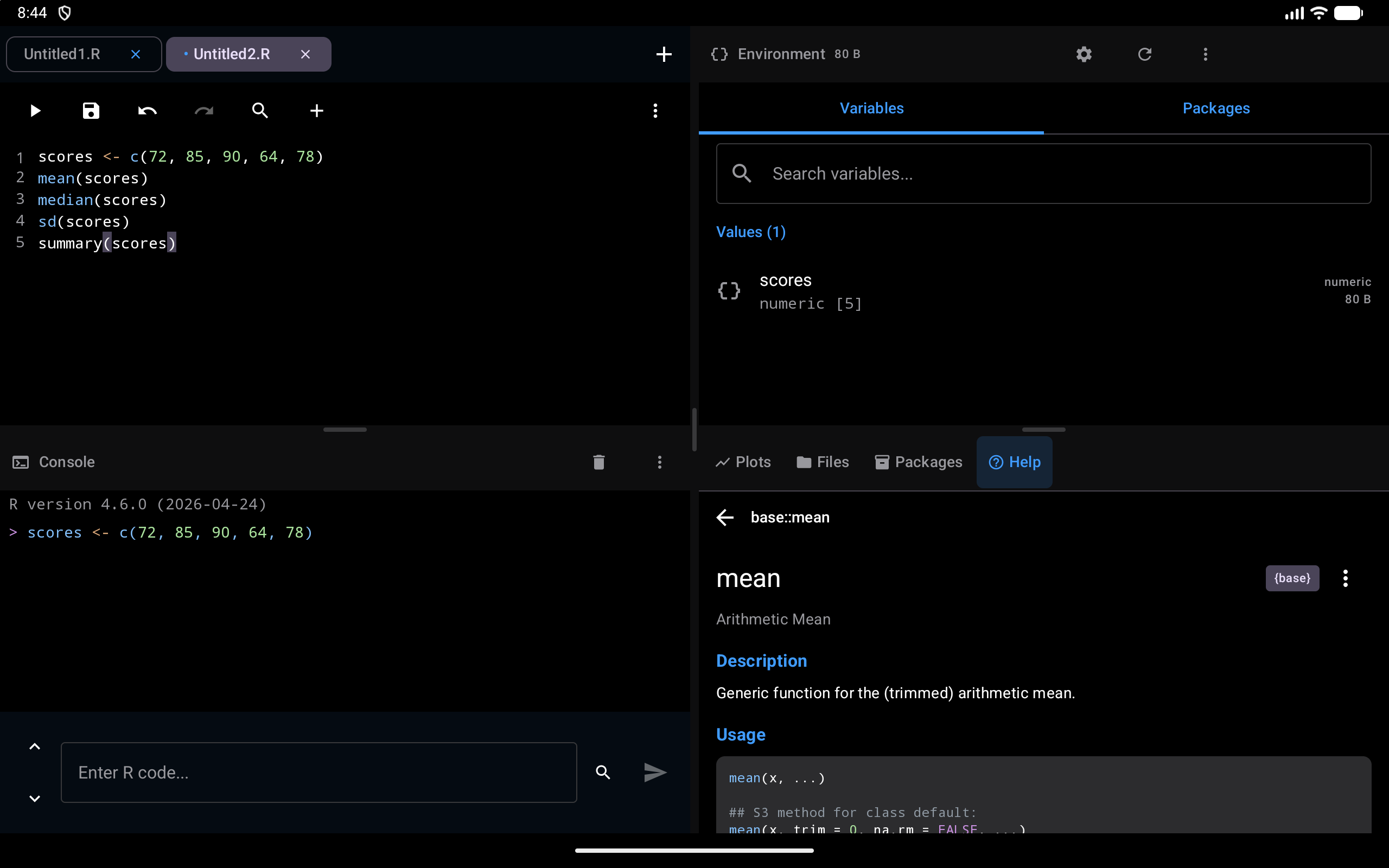 The help page for mean in the Help tab of the Workspace’s bottom-right pane on a tablet, under a small row with a back arrow and base::mean, with the scores script in the Editor pane, in dark mode