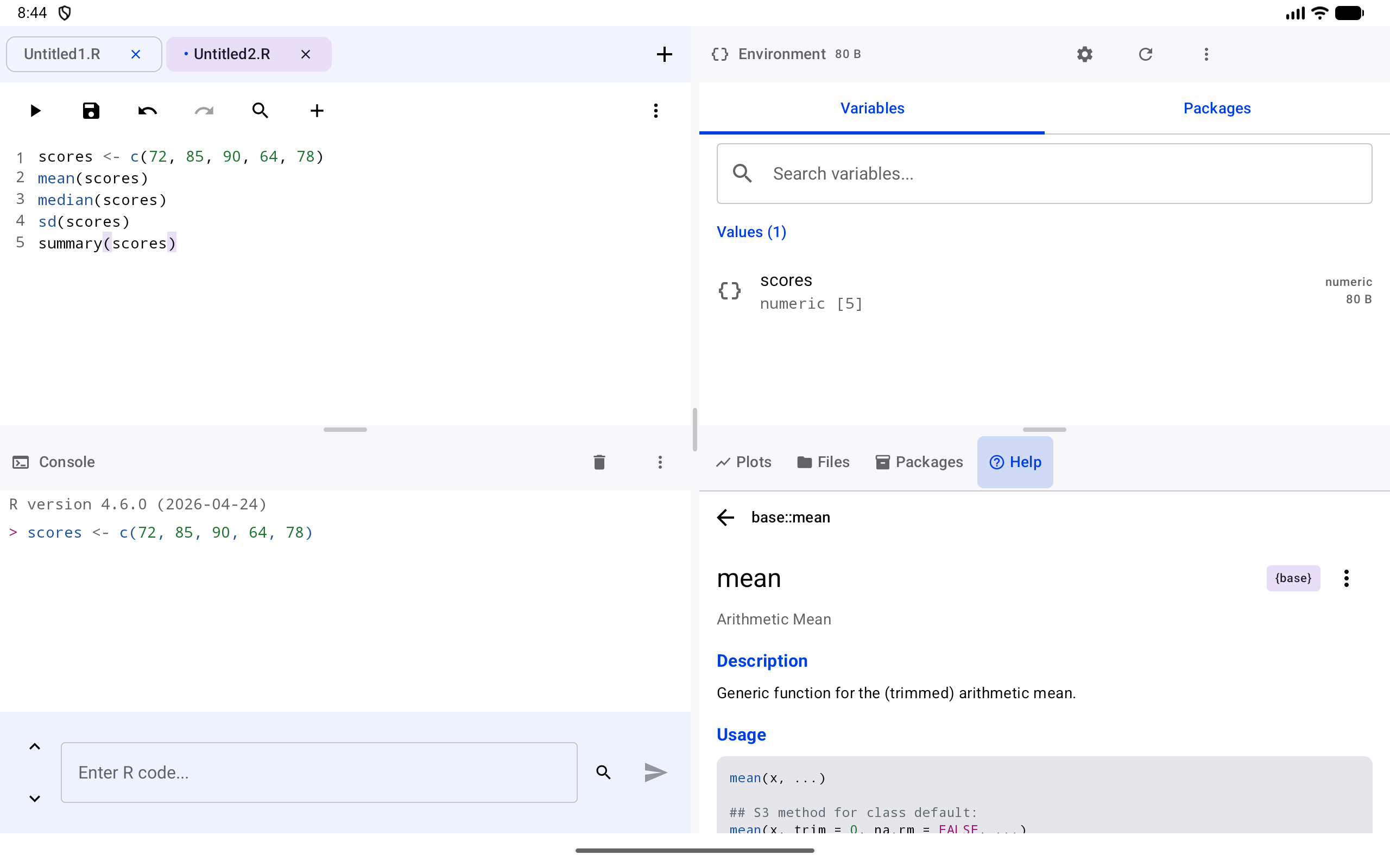 The help page for mean in the Help tab of the Workspace’s bottom-right pane on a tablet, under a small row with a back arrow and base::mean, with the scores script in the Editor pane
