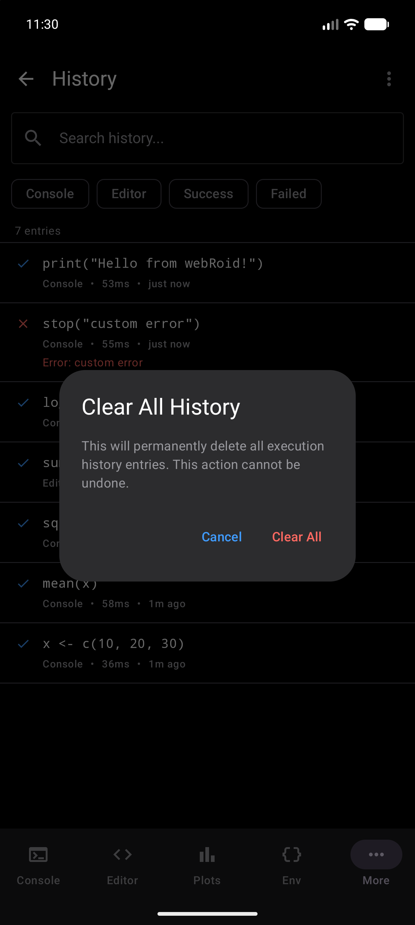 The Clear All History dialog over the dimmed History list, warning that every entry will be permanently deleted and that this cannot be undone, with a Cancel button and a red Clear All button, in dark mode
