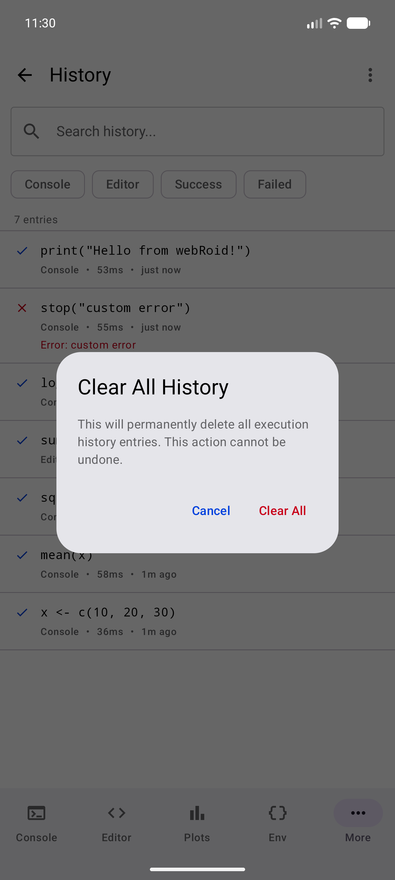 The Clear All History dialog over the dimmed History list, warning that every entry will be permanently deleted and that this cannot be undone, with a Cancel button and a red Clear All button