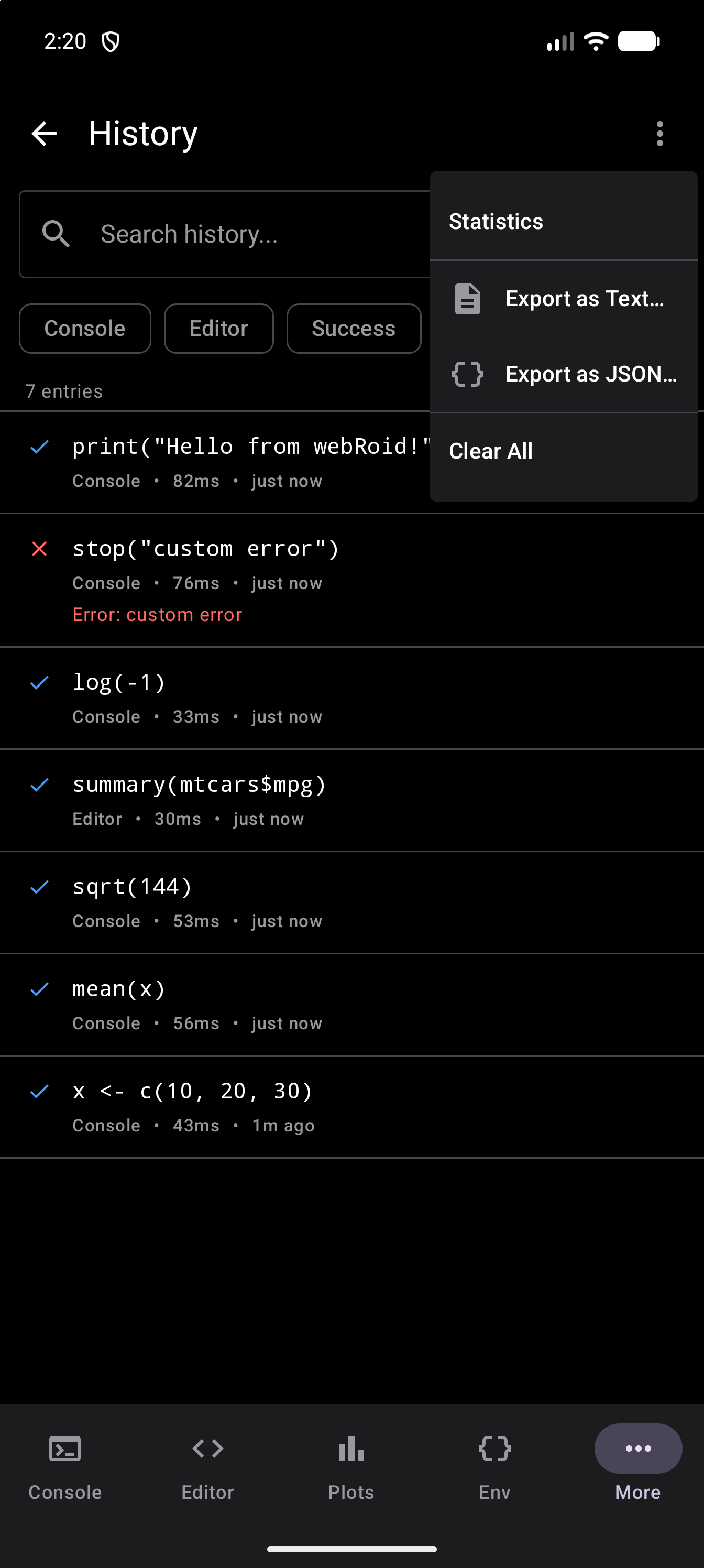 History with the overflow menu open at the top right, listing Statistics, Export as Text, Export as JSON and Clear All over the list of entries, in dark mode