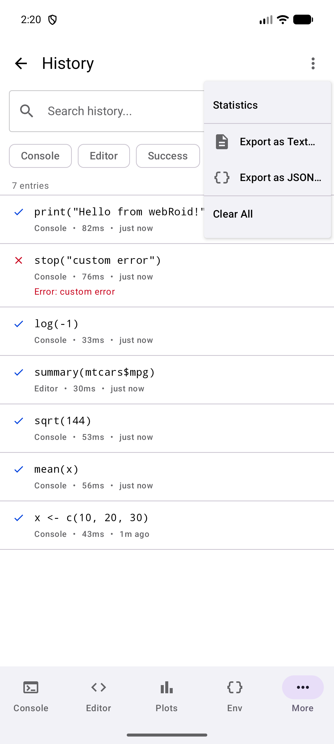 History with the overflow menu open at the top right, listing Statistics, Export as Text, Export as JSON and Clear All over the list of entries