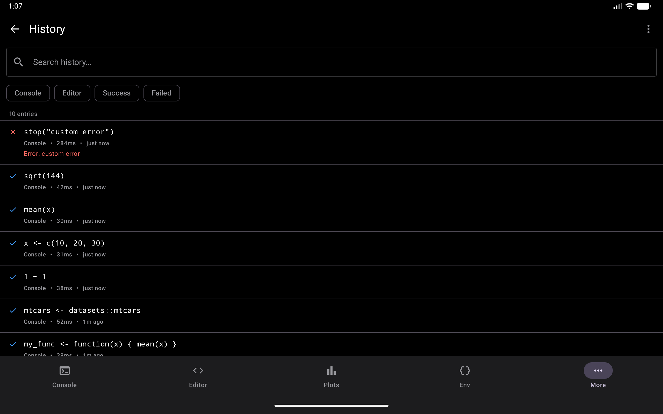 History screen on a tablet, with the search bar and filter chips above a list of 10 entries that runs the full width of the screen, newest first, each row showing its code, source, duration and time, in dark mode