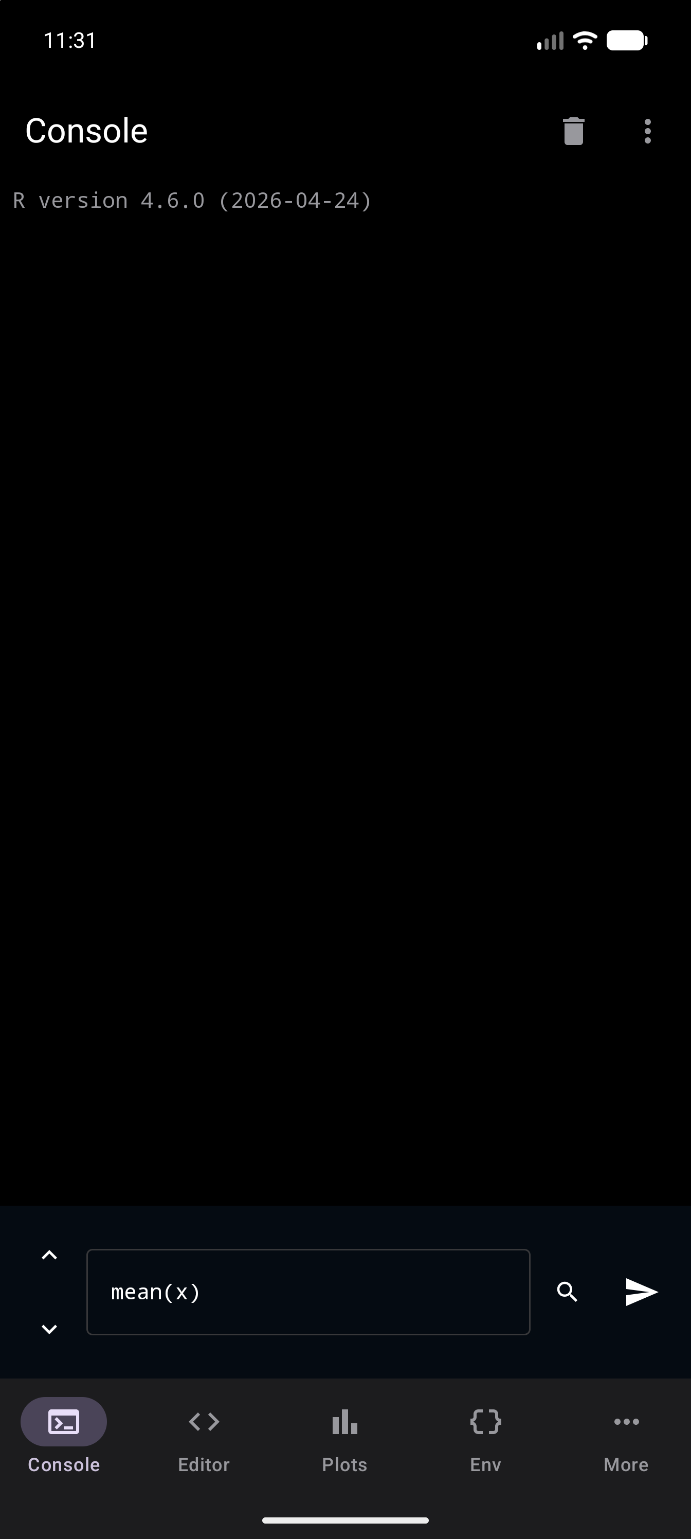 Console after Send to Console, with mean(x) waiting in the input field at the bottom, not yet run. The output area above holds only the R version line, in dark mode