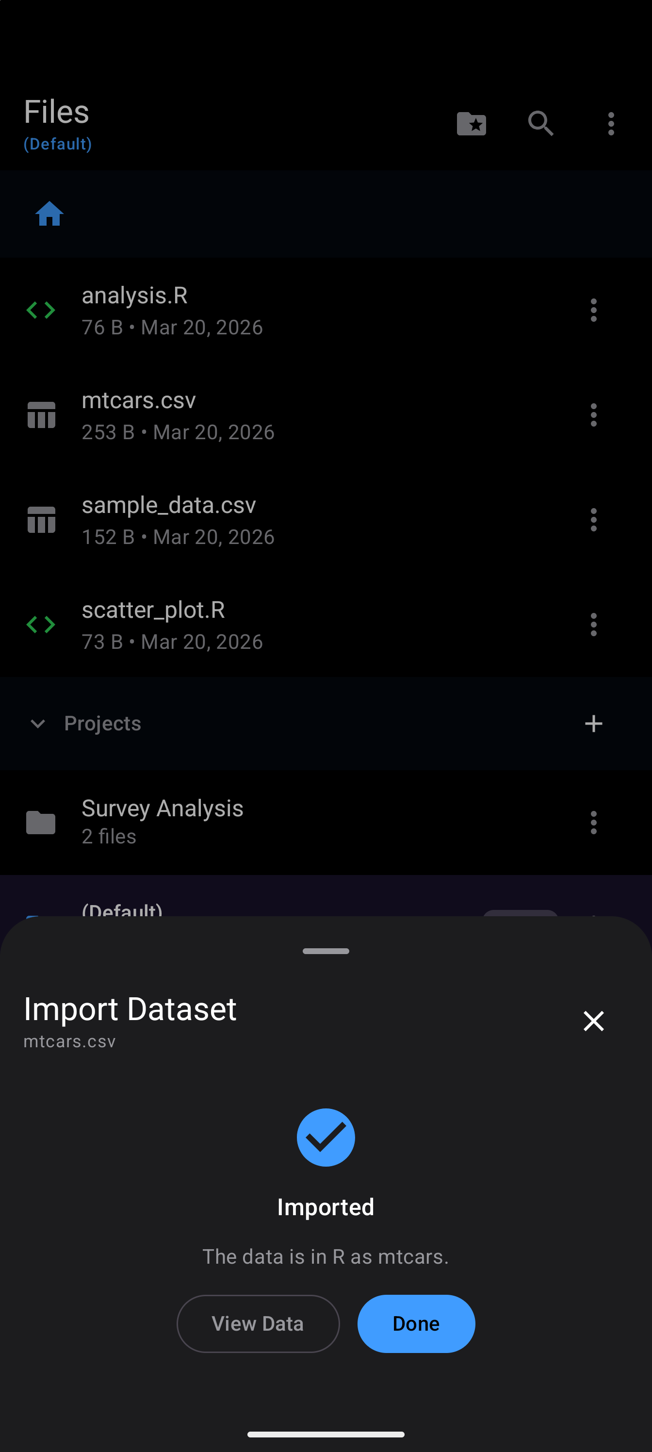The import wizard for mtcars.csv on its Imported screen, with a check mark, the message “The data is in R as mtcars.” and View Data and Done buttons, in dark mode