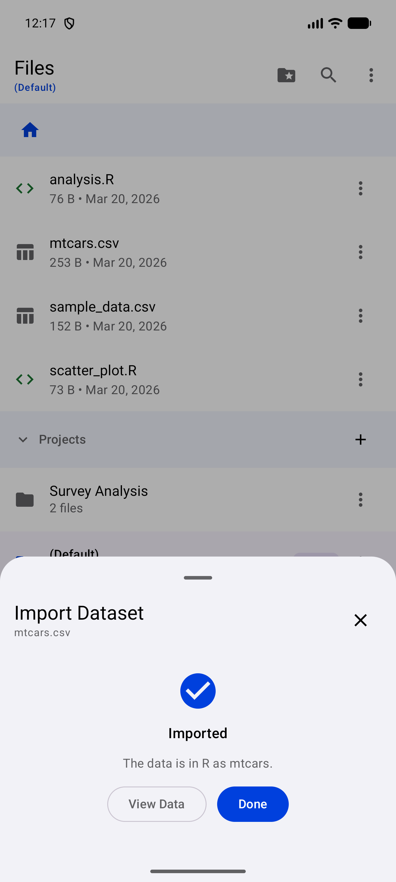 The import wizard for mtcars.csv on its Imported screen, with a check mark, the message “The data is in R as mtcars.” and View Data and Done buttons