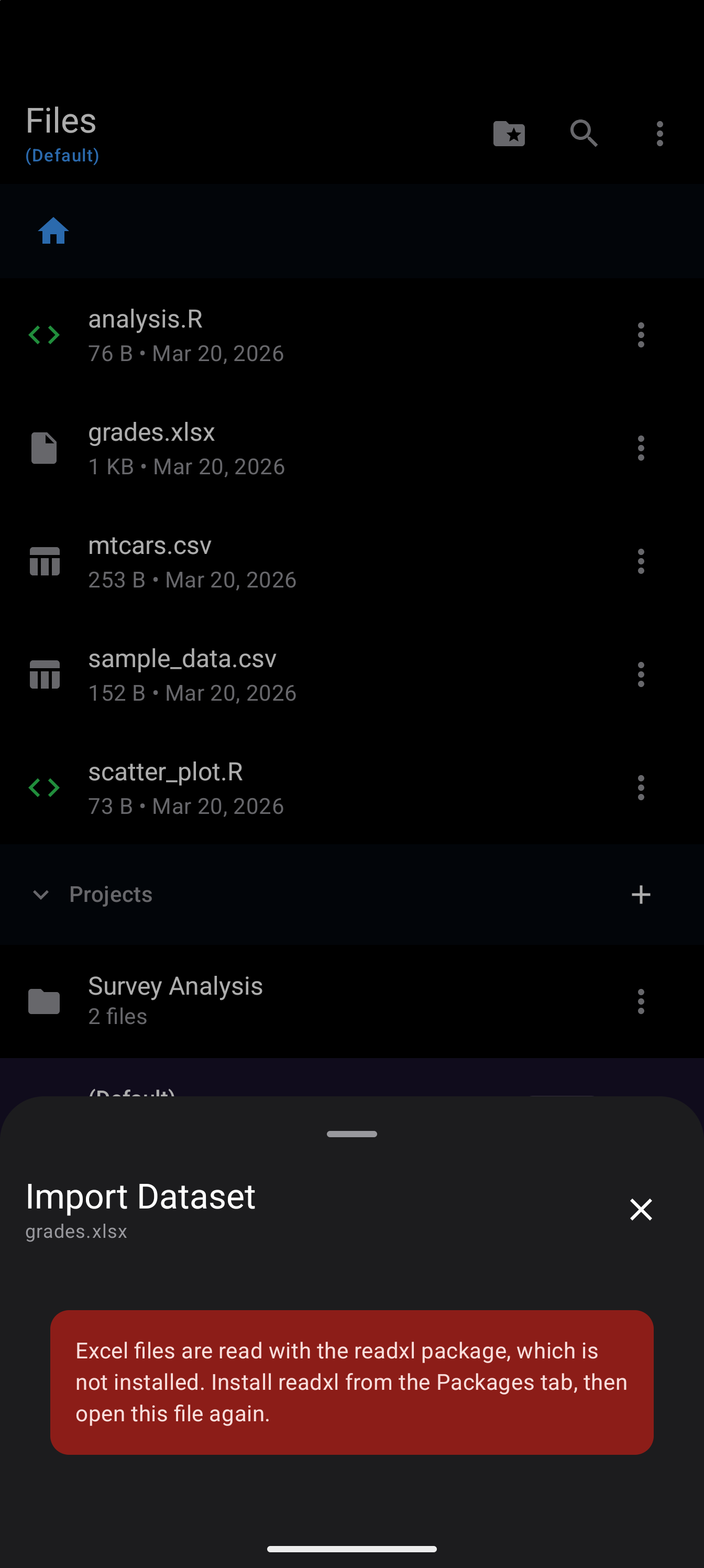 The import wizard opened on grades.xlsx, showing in place of its steps the message “Excel files are read with the readxl package, which is not installed. Install readxl from the Packages tab, then open this file again.”, in dark mode