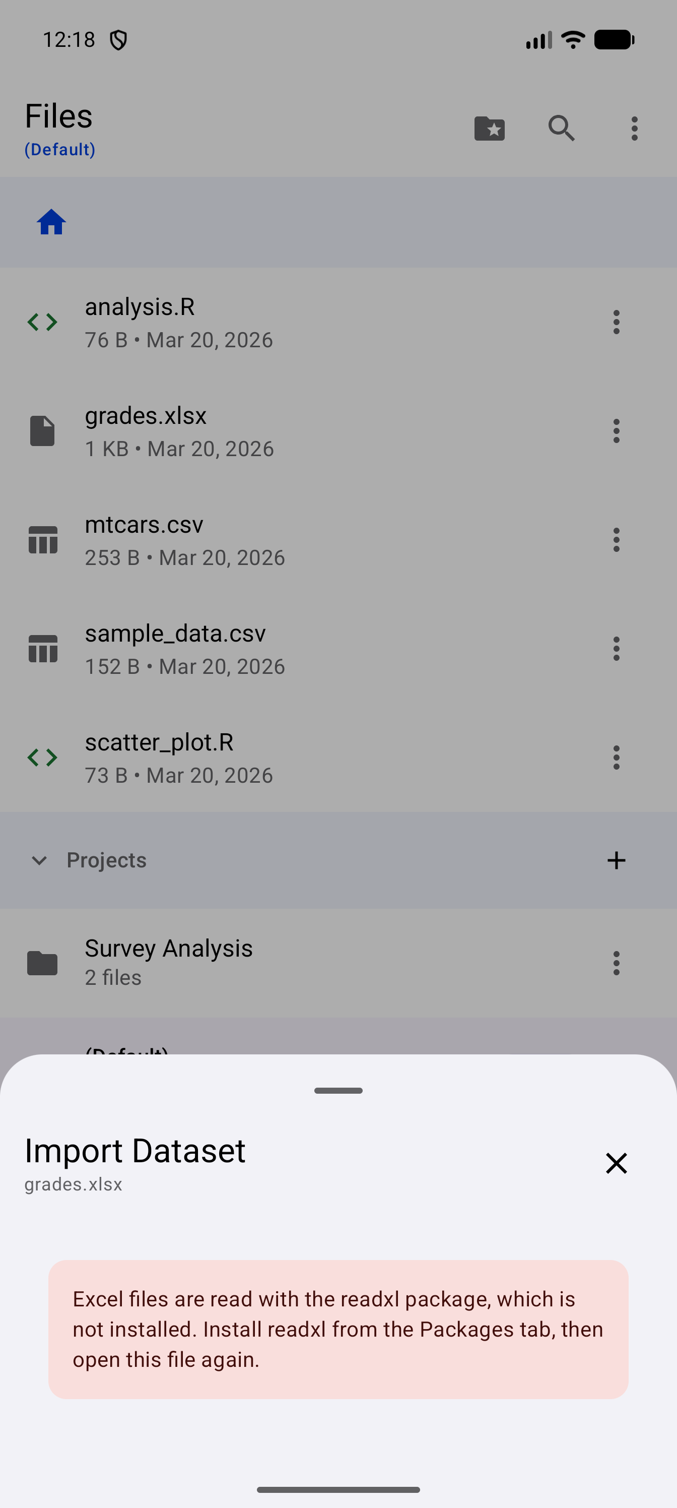 The import wizard opened on grades.xlsx, showing in place of its steps the message “Excel files are read with the readxl package, which is not installed. Install readxl from the Packages tab, then open this file again.”
