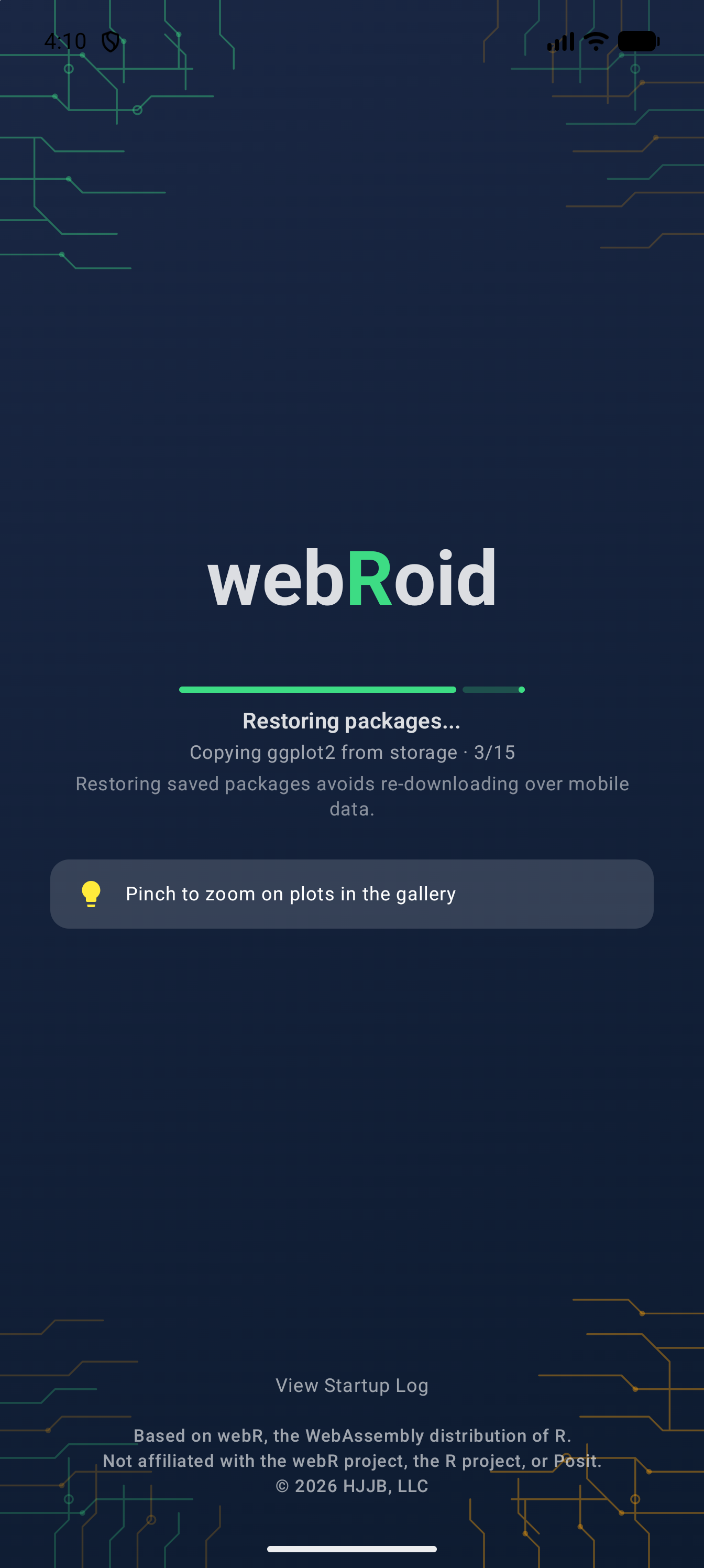 Loading screen with its progress bar about four-fifths full, the phase Restoring packages…, the line Copying ggplot2 from storage · 3/15, and the note that restoring saved packages avoids re-downloading over mobile data