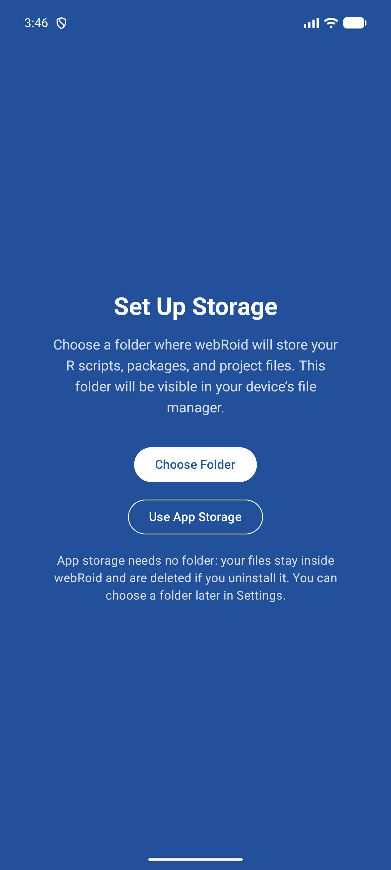 The blue Set Up Storage screen, asking for a folder to keep your R scripts, packages and project files in, with Choose Folder, Use App Storage, and a note that app storage needs no folder but is deleted if you uninstall webRoid, in dark mode