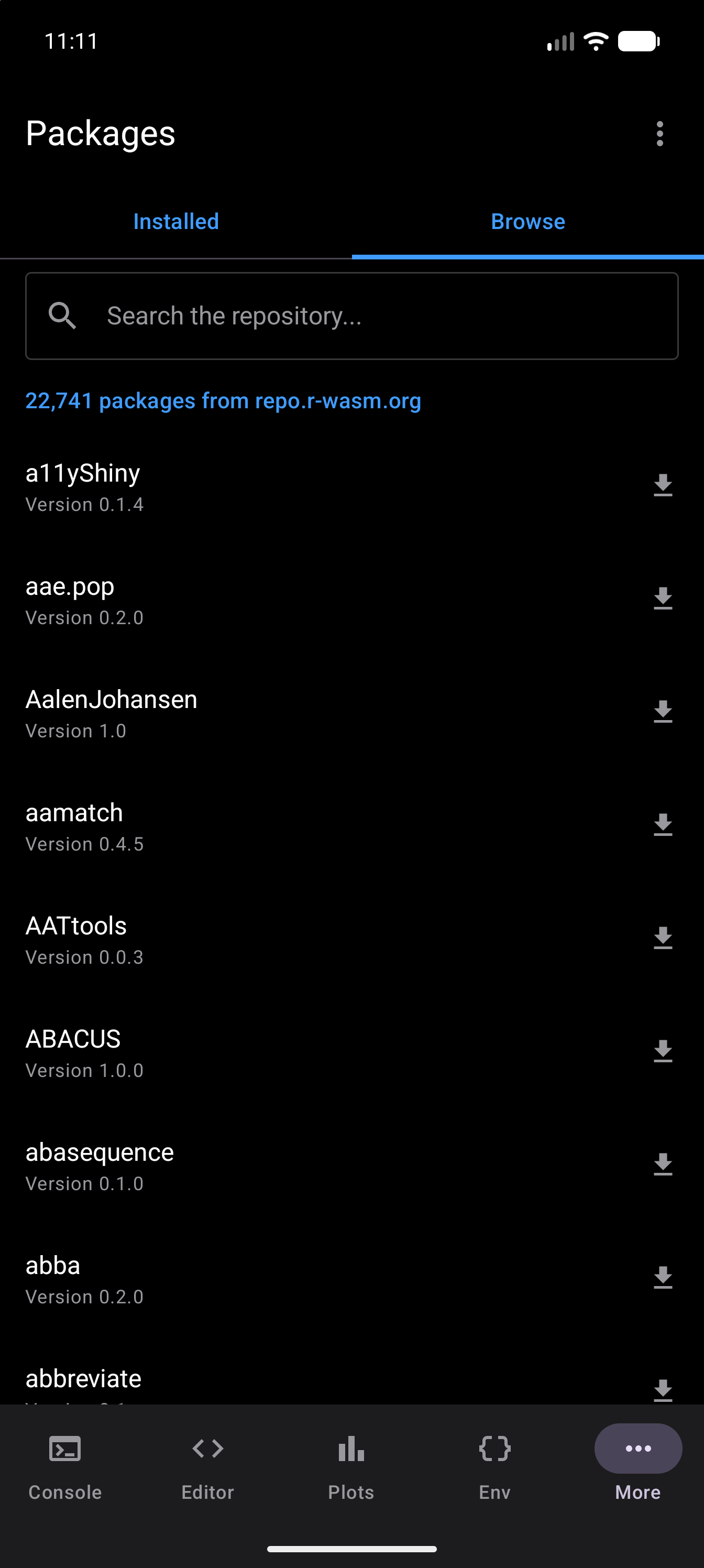 Browse tab listing the webR repository’s packages with the count, in dark mode