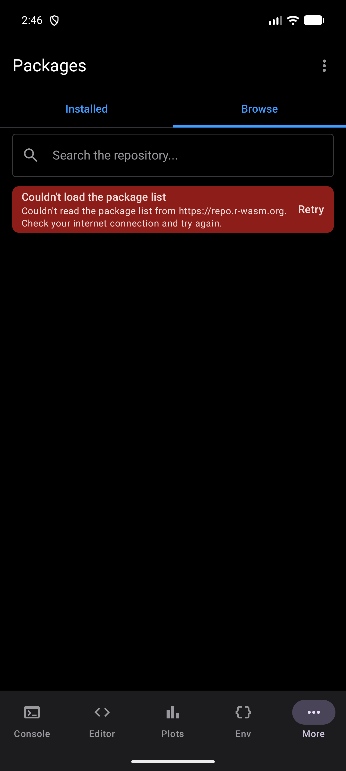 Browse tab with an error card under the search bar titled Couldn’t load the package list, saying the list couldn’t be read from https://repo.r-wasm.org and to check your internet connection and try again, with a Retry button, in dark mode