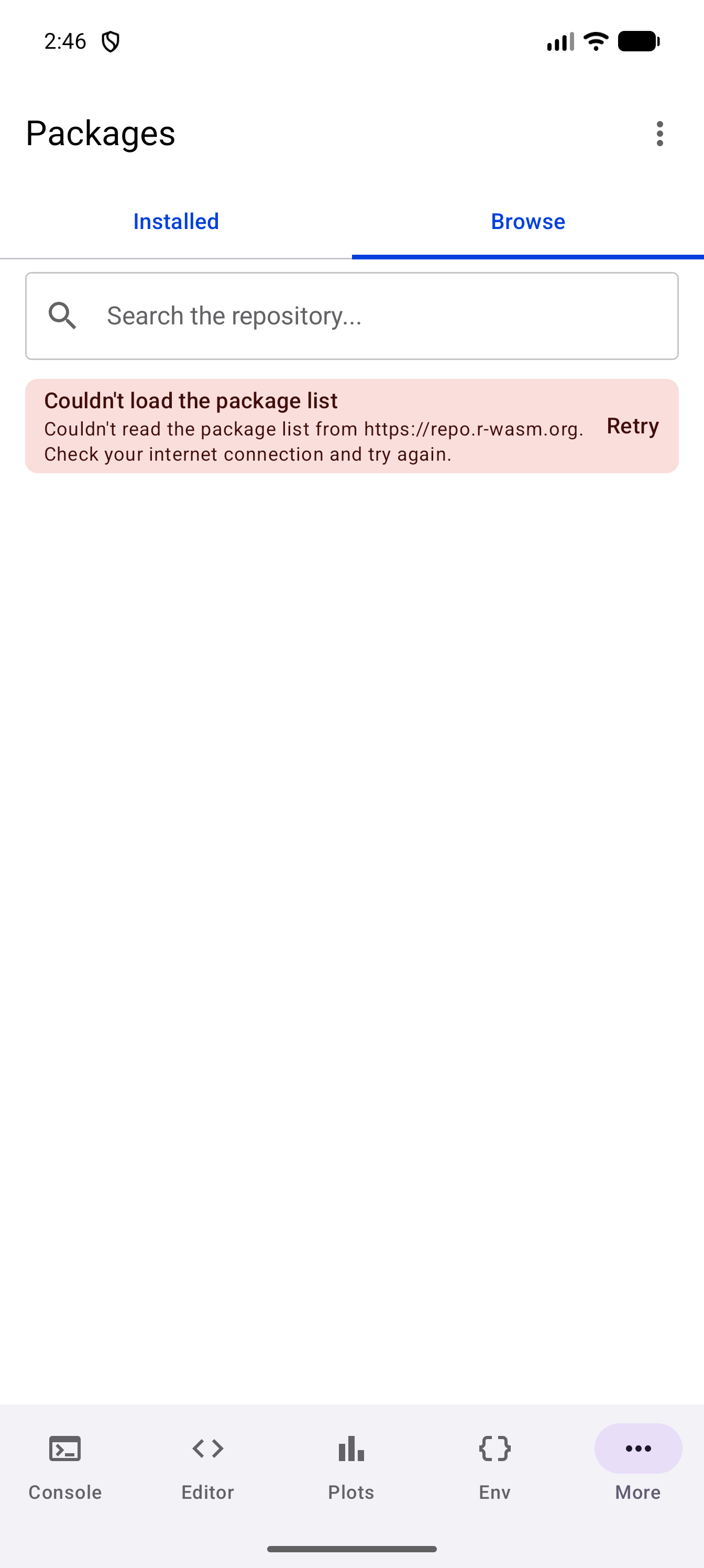 Browse tab with an error card under the search bar titled Couldn’t load the package list, saying the list couldn’t be read from https://repo.r-wasm.org and to check your internet connection and try again, with a Retry button