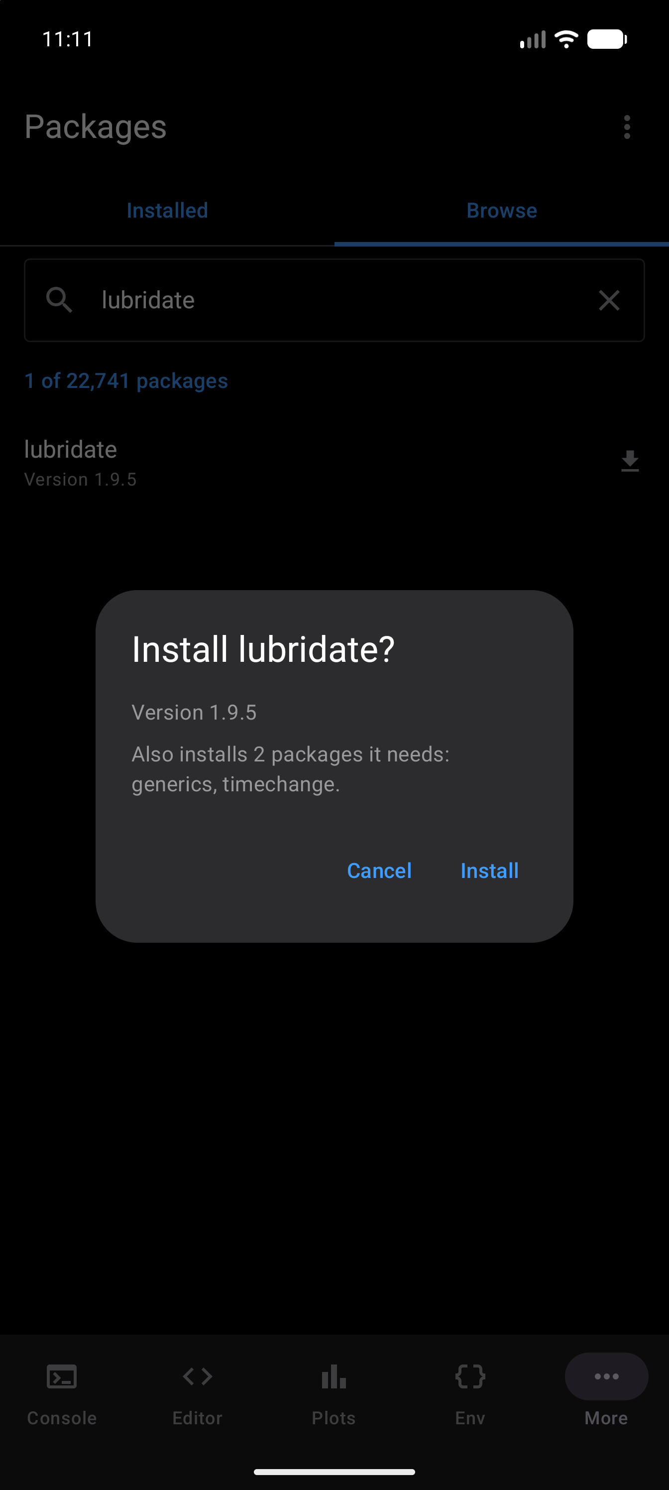 Install confirmation for a package from Browse, listing the packages it also installs, in dark mode