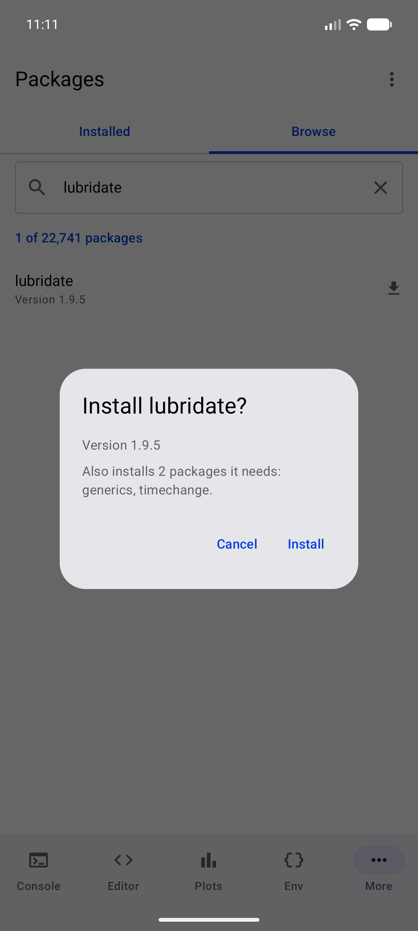 Install confirmation for a package from Browse, listing the packages it also installs