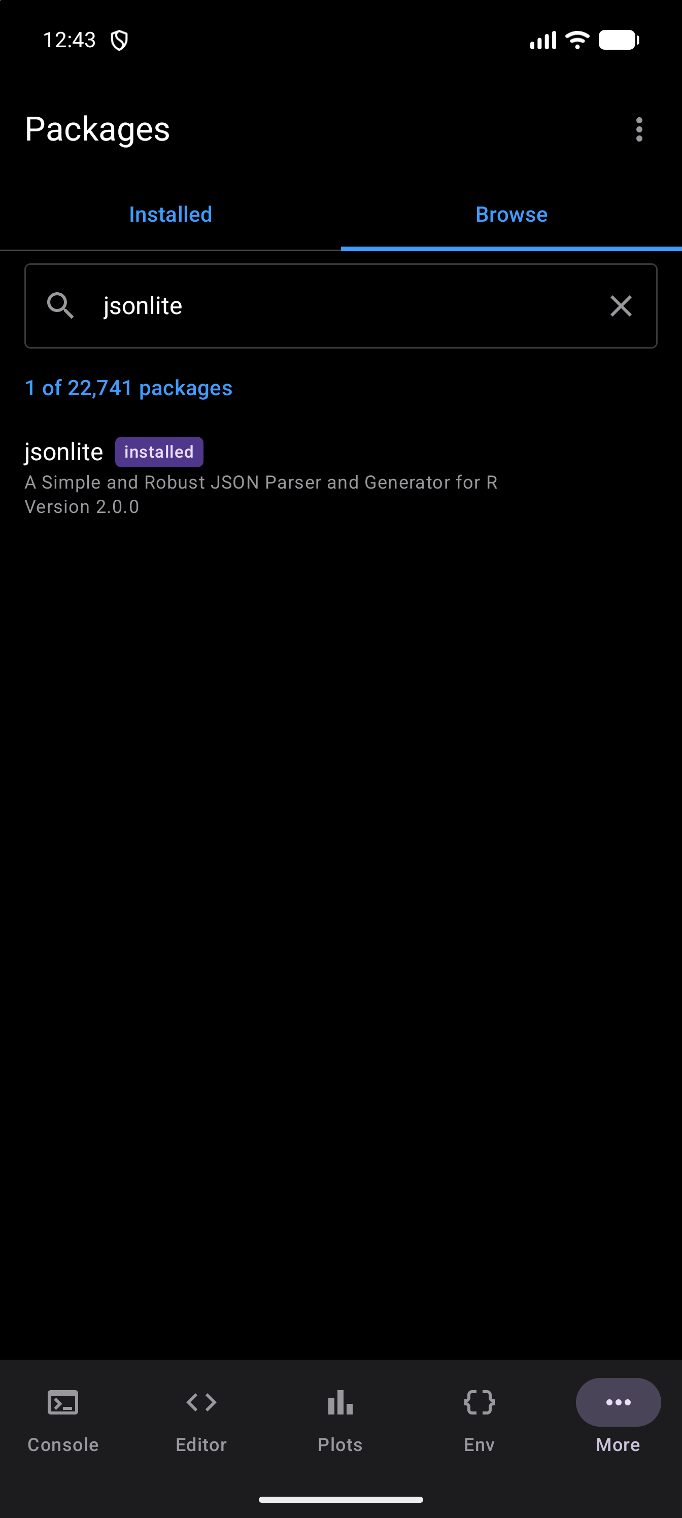Browse tab searched for jsonlite, with the heading 1 of 22,741 packages above a single row: jsonlite, tagged installed, with its title A Simple and Robust JSON Parser and Generator for R above Version 2.0.0, and no download icon, in dark mode