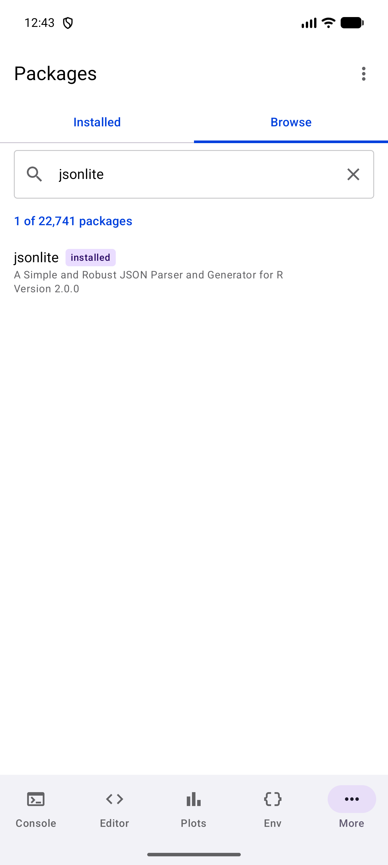Browse tab searched for jsonlite, with the heading 1 of 22,741 packages above a single row: jsonlite, tagged installed, with its title A Simple and Robust JSON Parser and Generator for R above Version 2.0.0, and no download icon