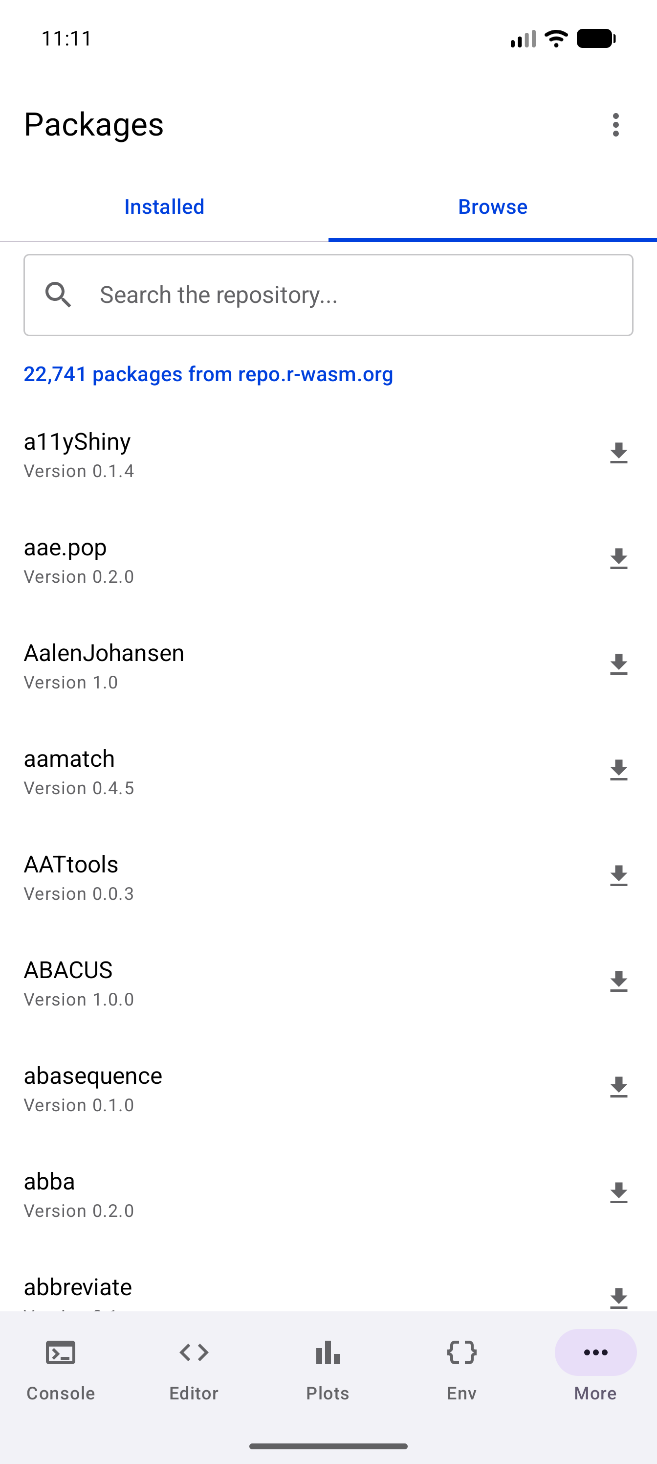 Browse tab listing the webR repository’s packages with the count
